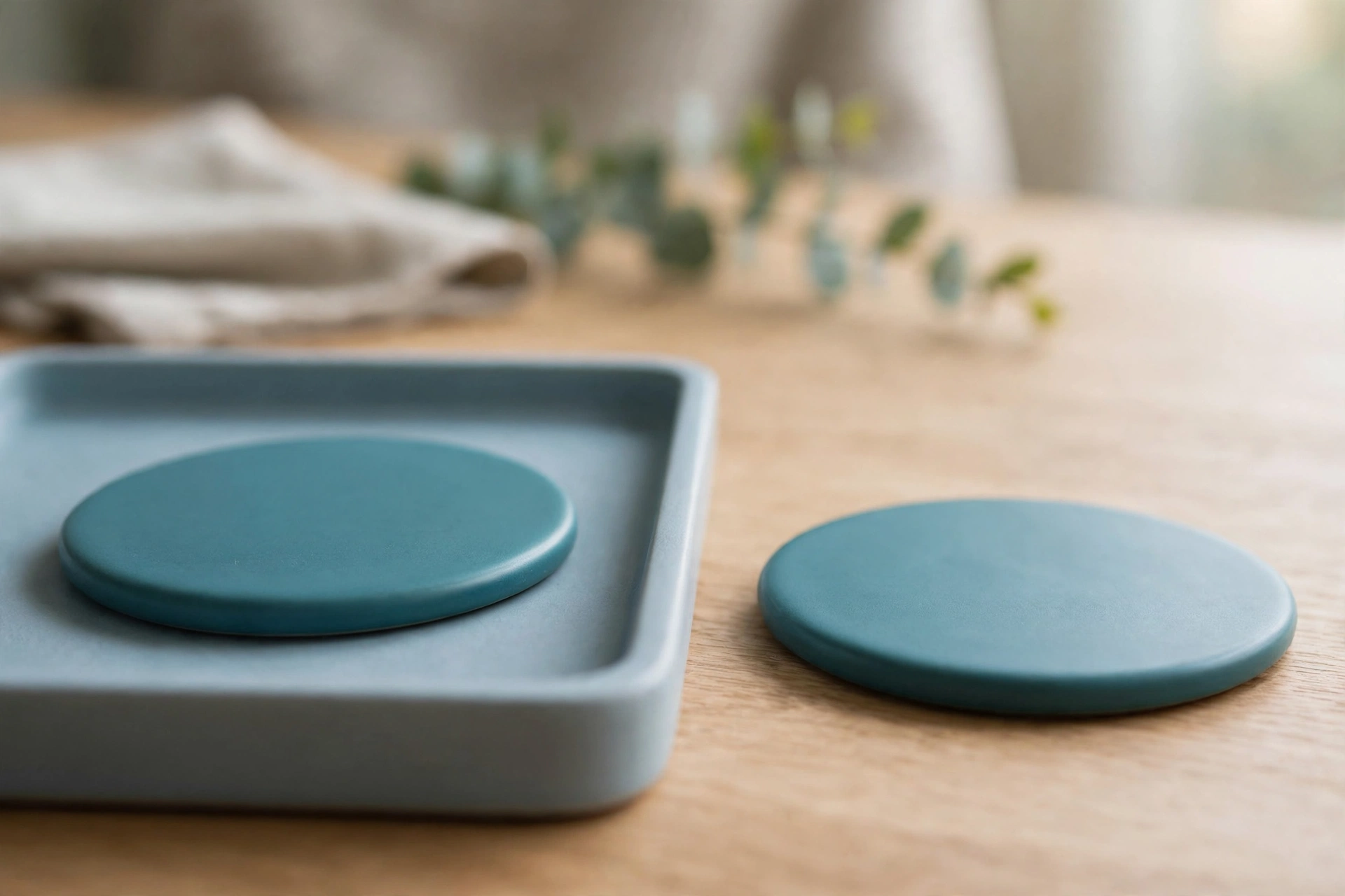 Two identical teal ceramic discs are on a wooden desk; one sits in a blue tray, the other is separated beside it.