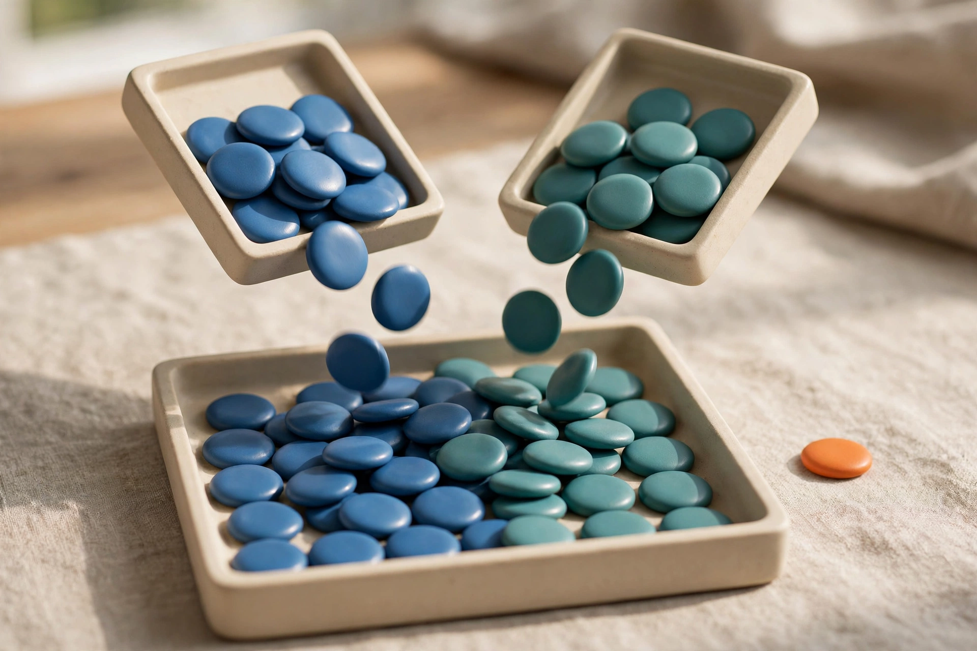 Two shallow trays of blue and teal tokens pour into a larger tray, with one orange token separate on a textured surface.