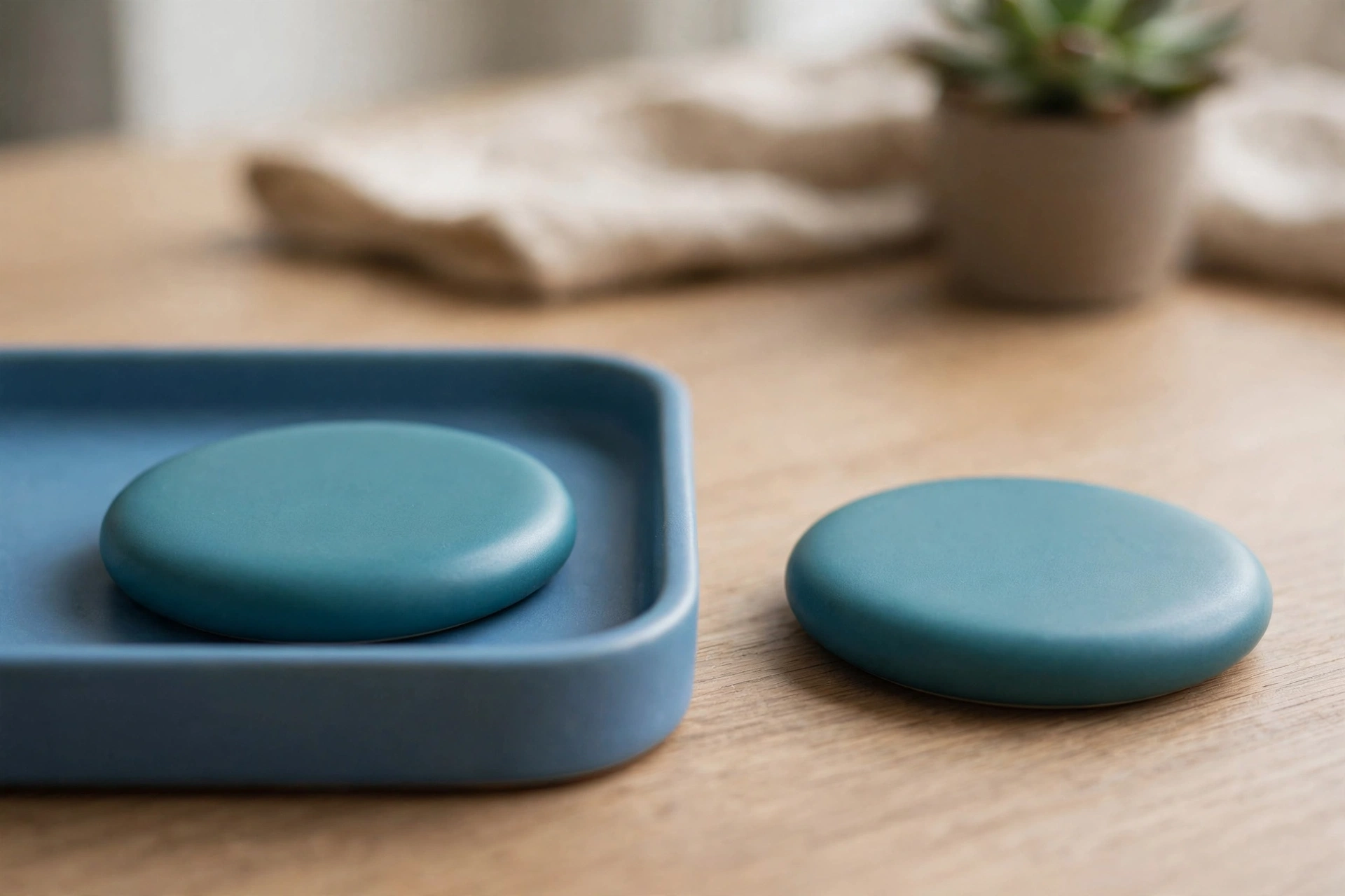 Two identical teal discs are shown on a wooden desk; one disc rests in a blue tray, while the other sits separately outside the tray.
