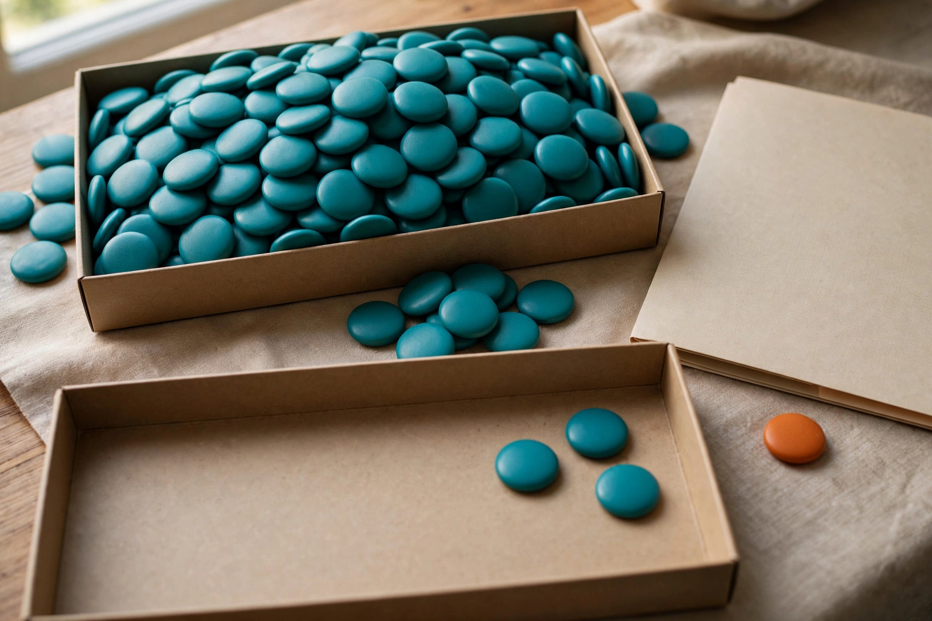Teal tokens are arranged in cardboard trays, with some tokens being reassigned between them.