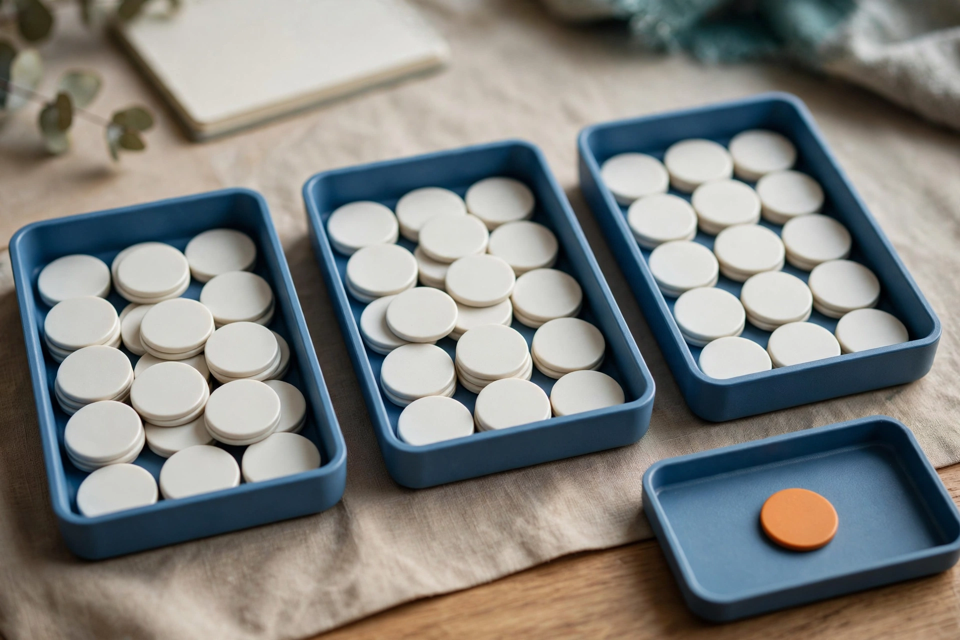Three blue trays filled with white tokens are arranged in sequence, with a fourth blue tray holding a single orange token.