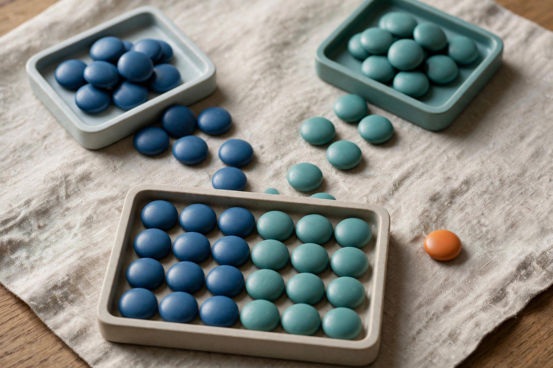Two square trays of blue and teal tokens are shown, with some tokens scattered, converging into a larger tray.