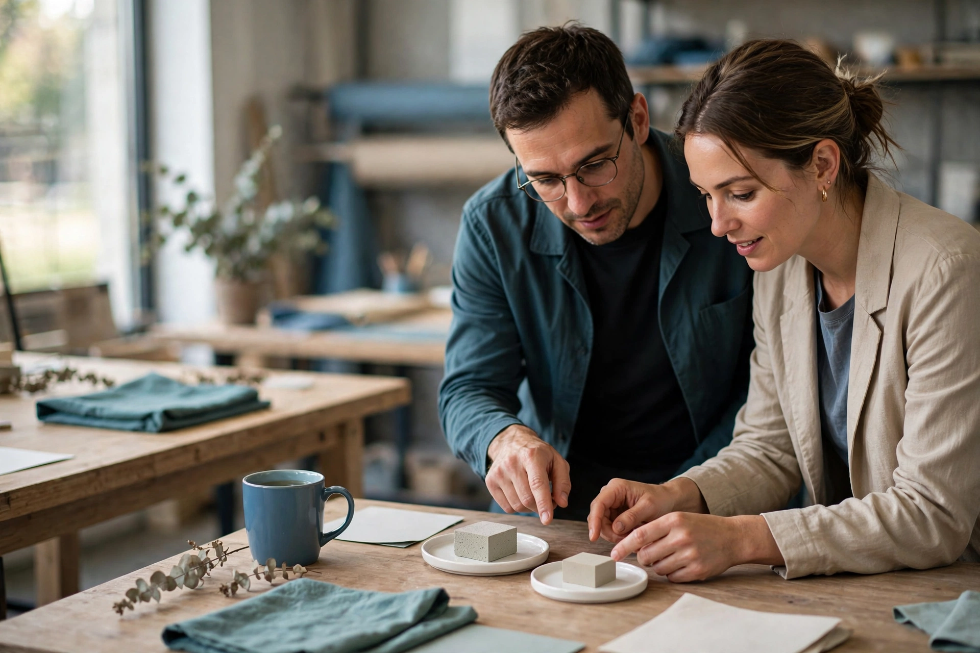 A man and a woman look at samples on a table in a workshop setting.