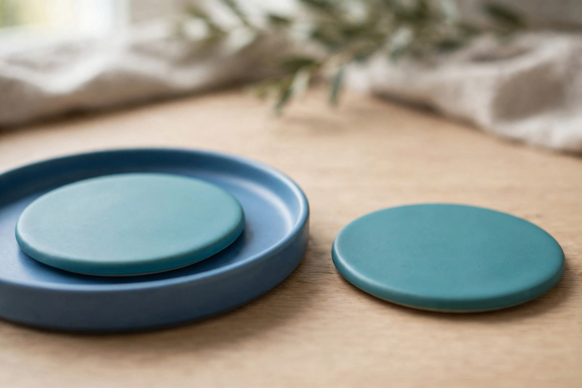 Two identical teal discs are shown, with one disc inside a blue tray and the other disc placed separately outside the tray on a wooden surface.