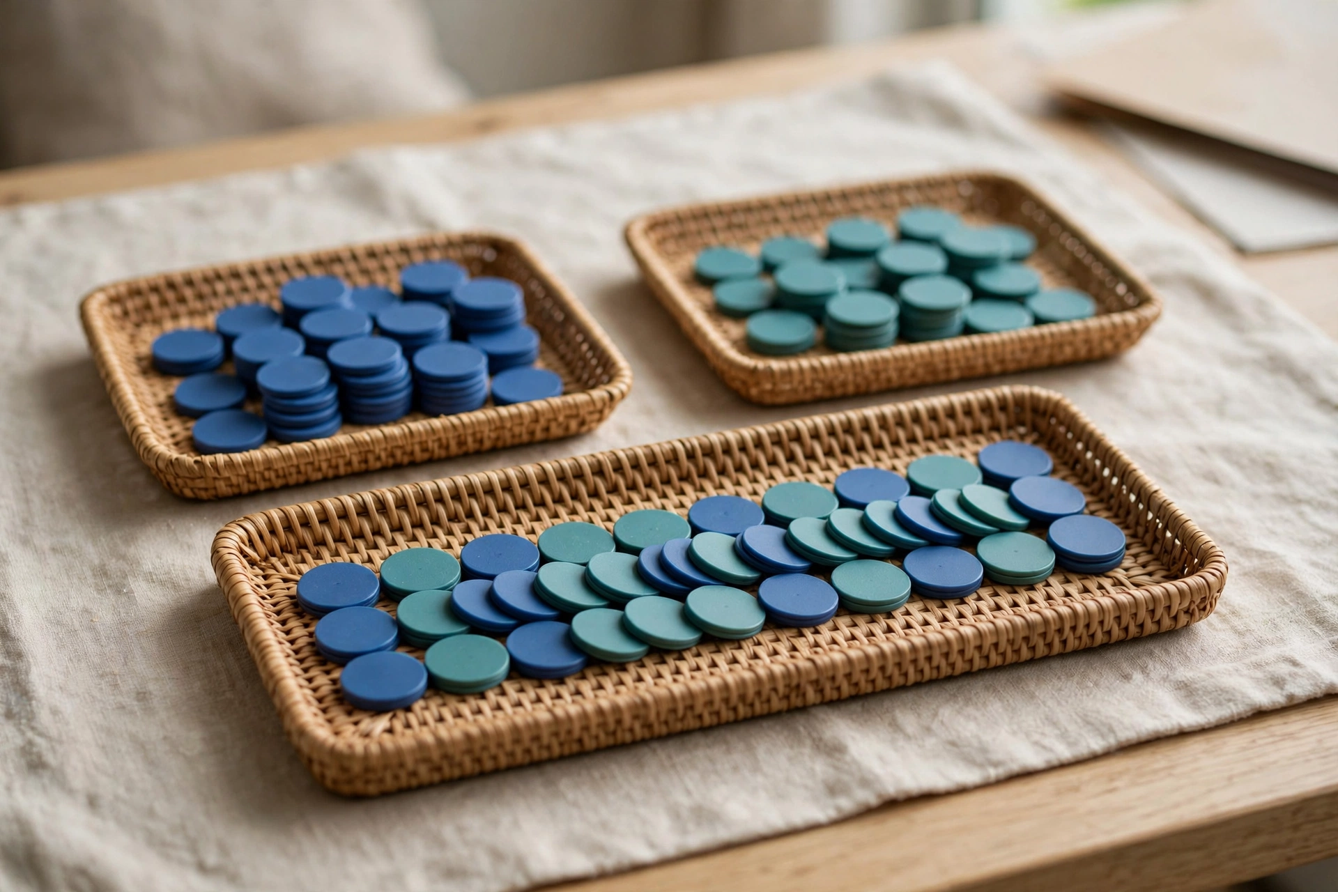 Three woven trays with blue and teal tokens are arranged on a neutral cloth, symbolizing data integration.