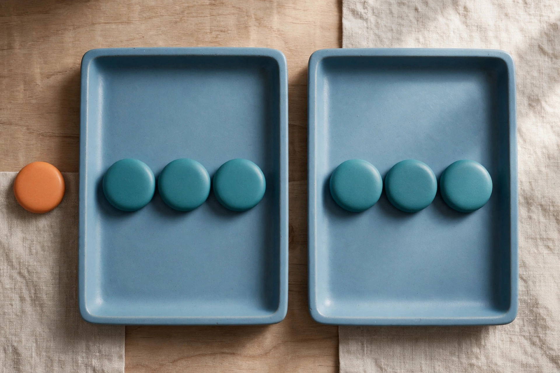 Two blue trays hold rows of teal tokens, with an orange token placed beside one tray on a wooden surface.