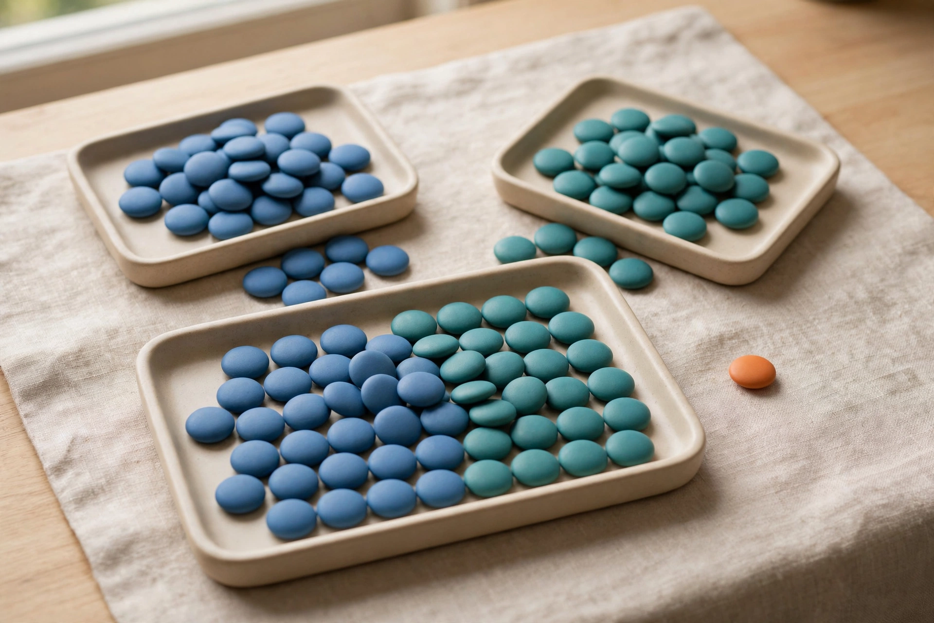Two trays of blue and teal tokens merge into a single organized tray, with one orange token beside it on a neutral cloth.