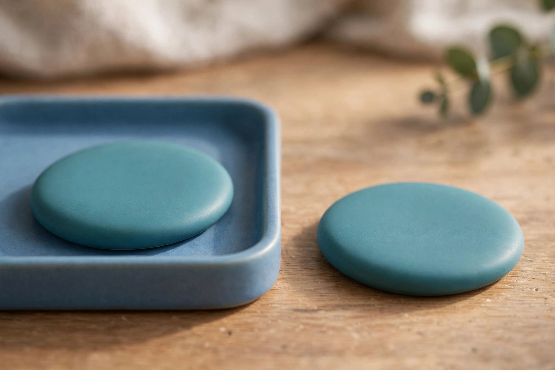 Two identical teal discs are shown, with one disc placed inside a blue tray and the other disc placed separately outside the tray on a wooden surface.