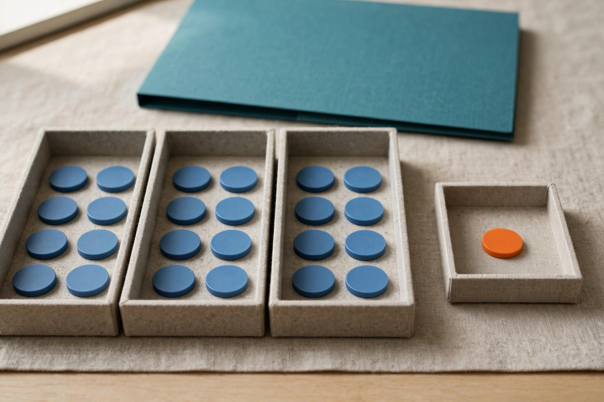 Three trays hold blue tokens, and a fourth tray holds a single orange token, with a teal folder behind.