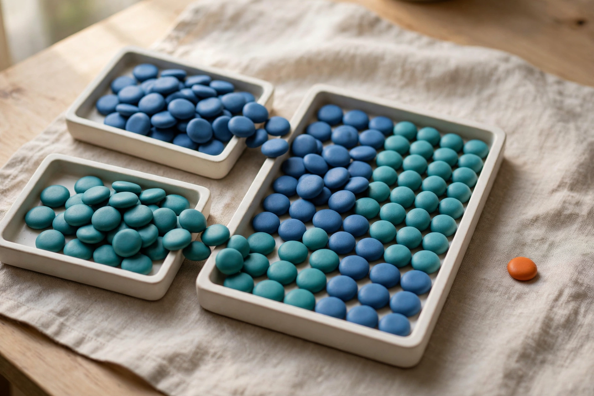 Two square trays of blue and teal tokens are shown converging into a larger organized tray on a textured cloth.