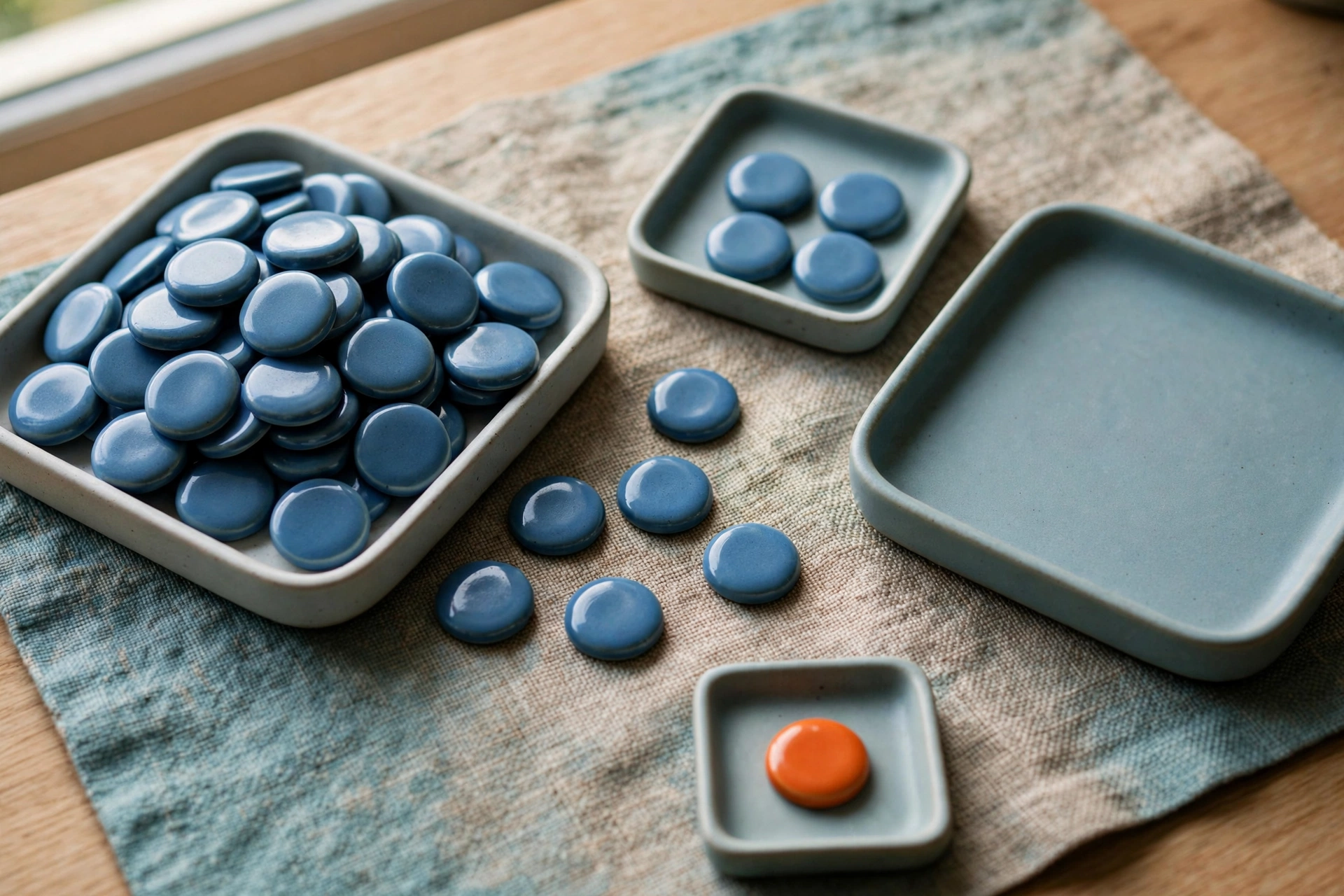 Three shallow trays hold blue ceramic tokens, with one tray containing an orange token, arranged on a textured cloth.