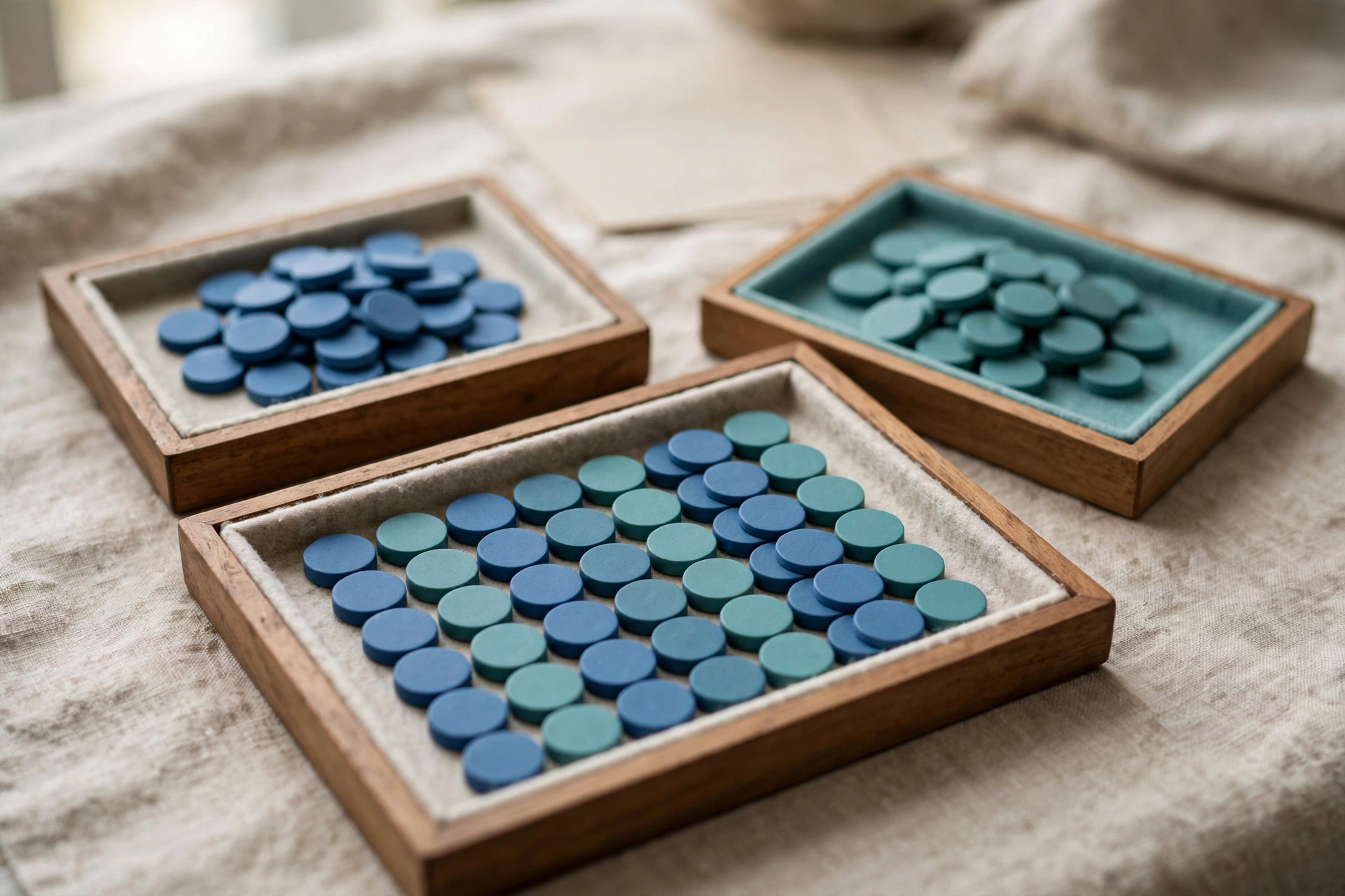 Three wooden trays with blue and teal tokens are arranged on a textured cloth surface, symbolizing integration.