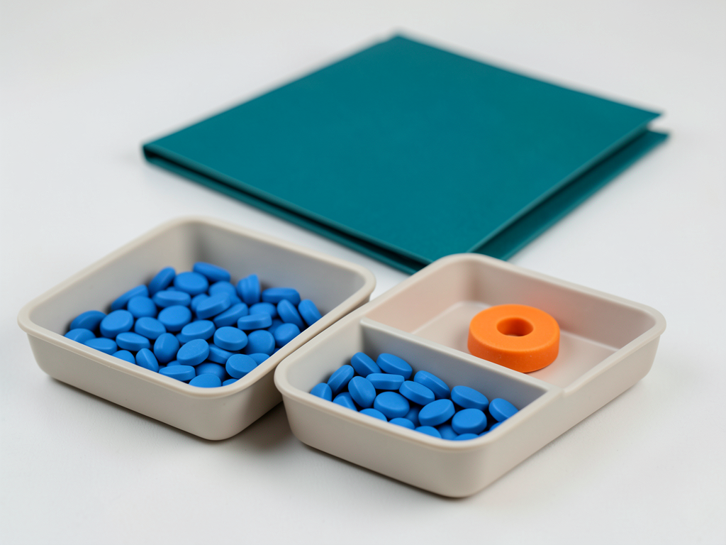 Blue tokens are distributed in two trays, with an orange token in a separate section of one tray, and a teal folder behind.