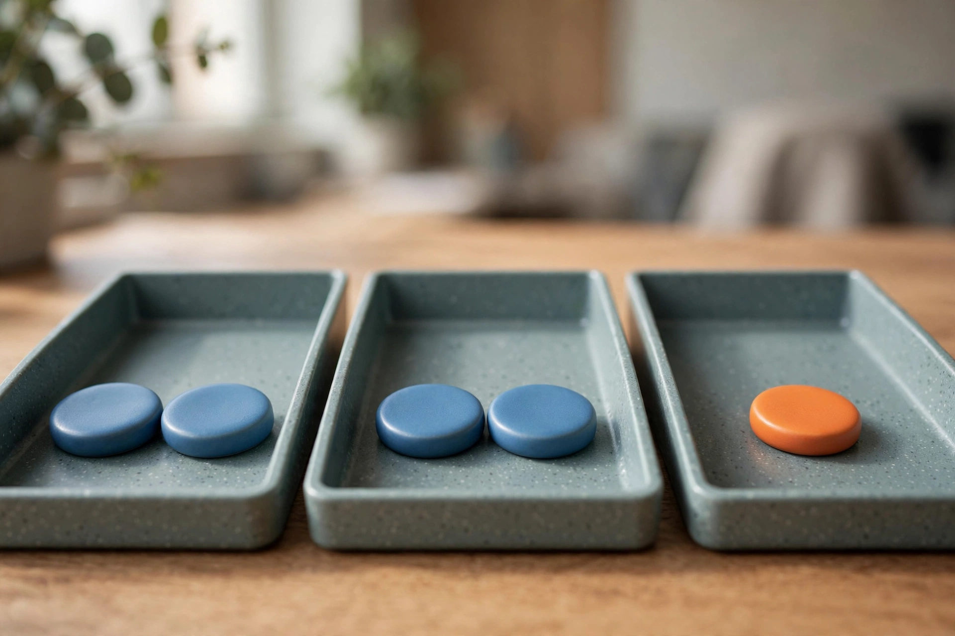 Three shallow office sorting trays on a desk, two with blue tokens and one with an orange token, with a blurred background.