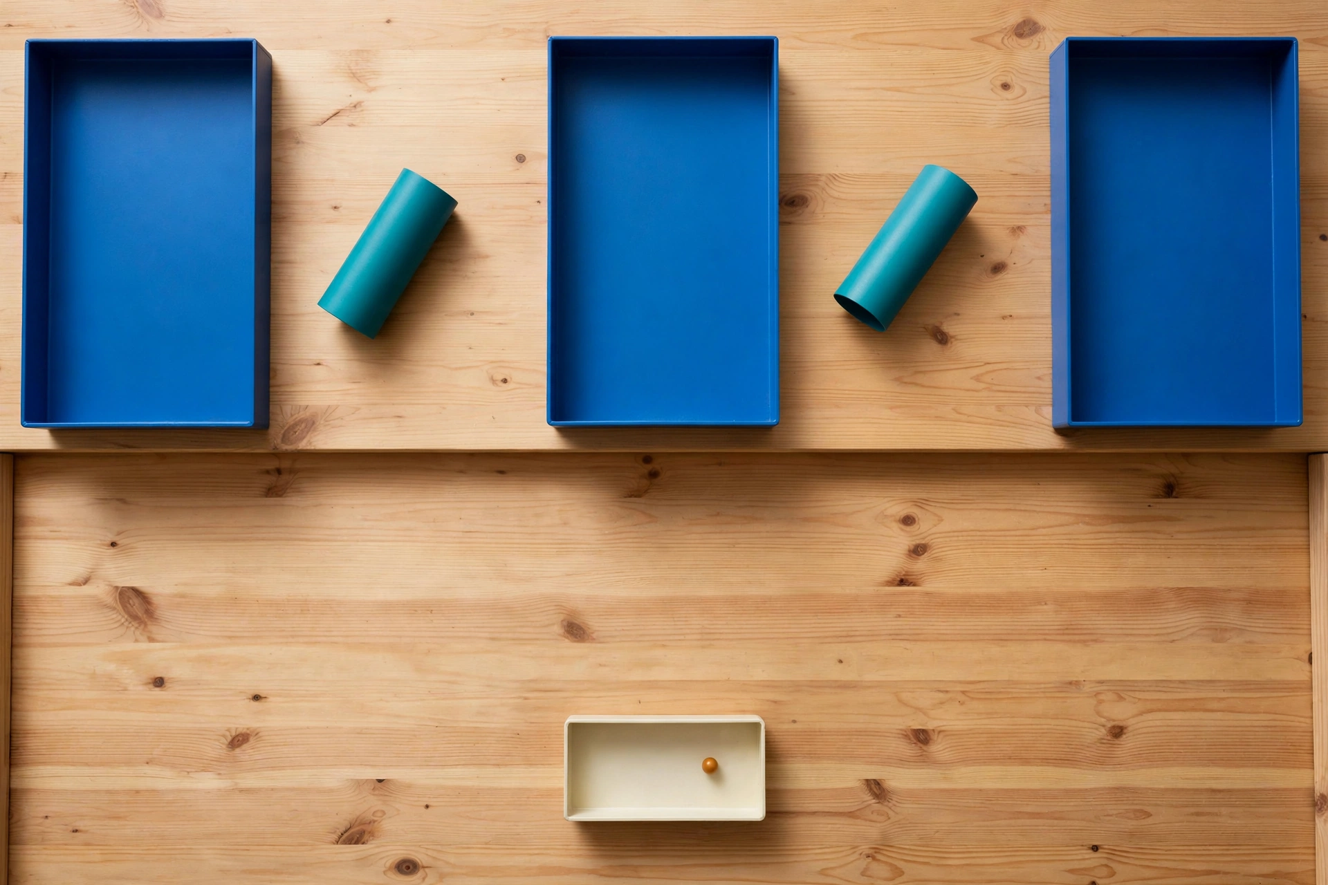Three blue rectangular trays are arranged on a wooden surface, with two teal cylinders placed in the gaps between them.