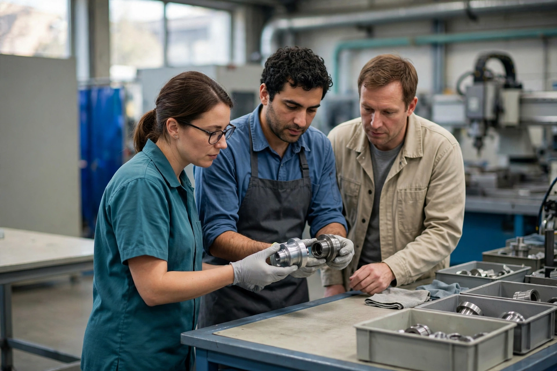 Three manufacturing professionals compare sample parts at a clean assembly station with machinery in the background.