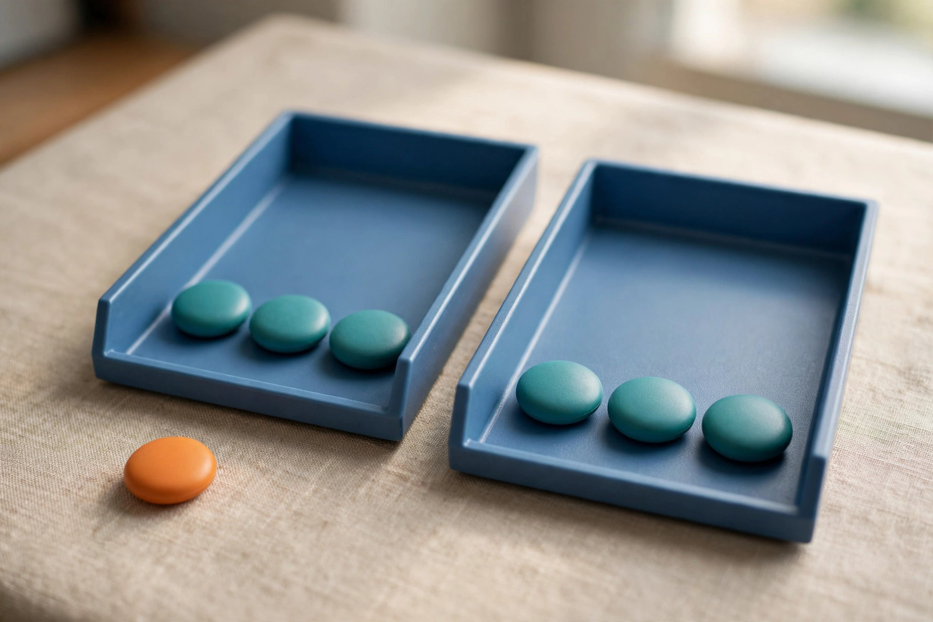 Two blue sorting trays hold teal tokens, with an orange token placed outside the left tray on a textured surface.