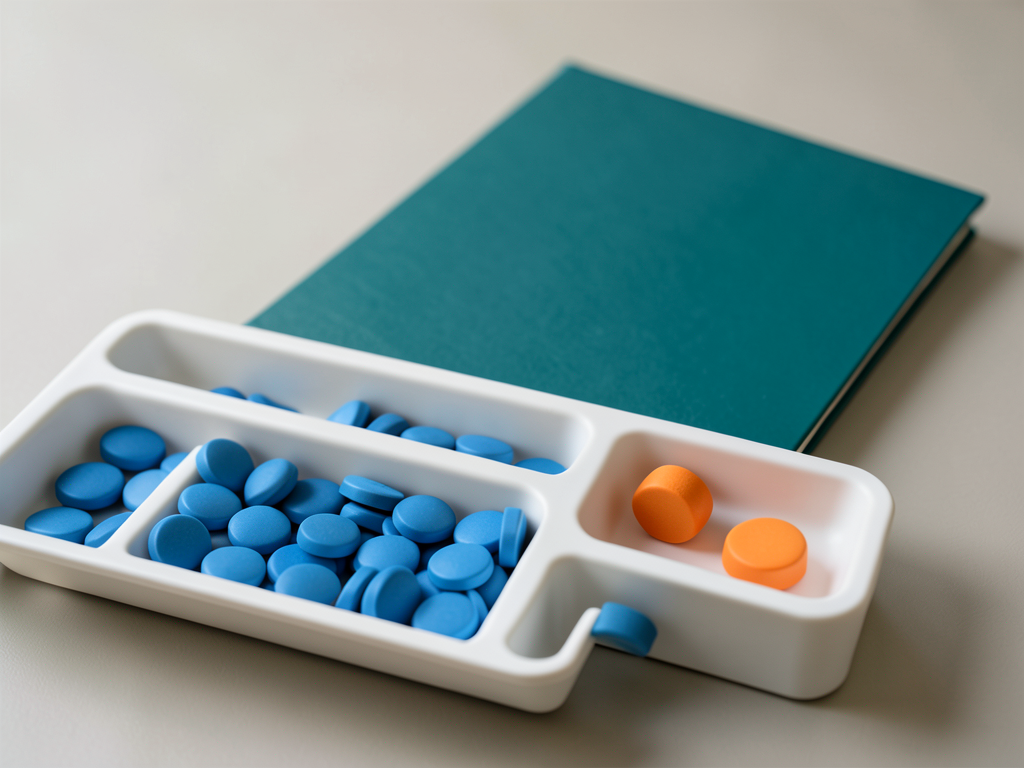 Blue tokens are sorted in a white tray next to a teal folder, with two orange tokens in a separate section of the tray.