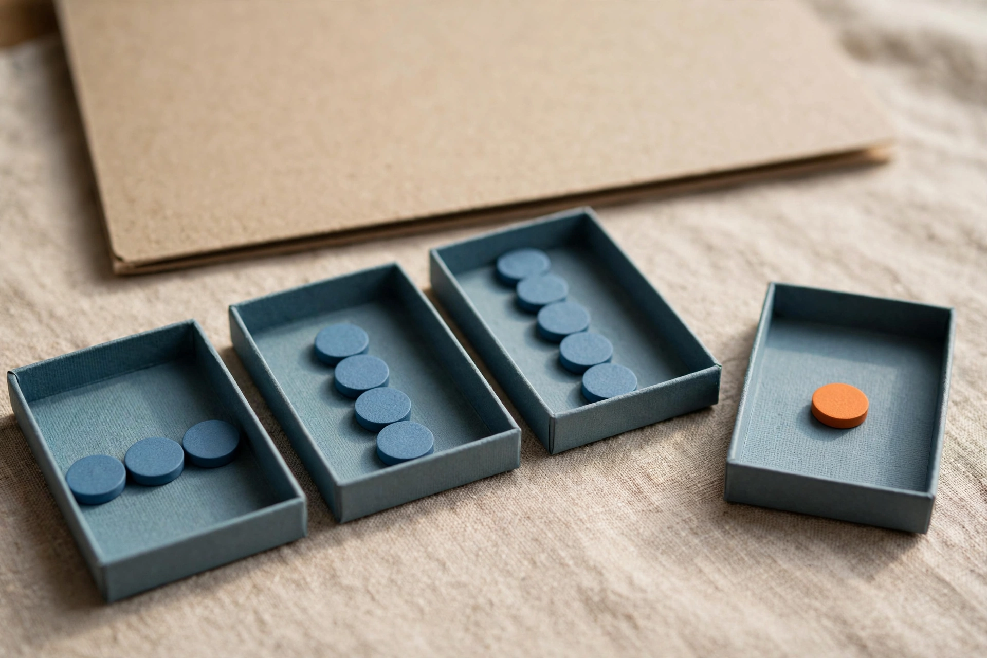 Four shallow office trays with blue tokens progress from left to right, with one orange token isolated in the rightmost tray.