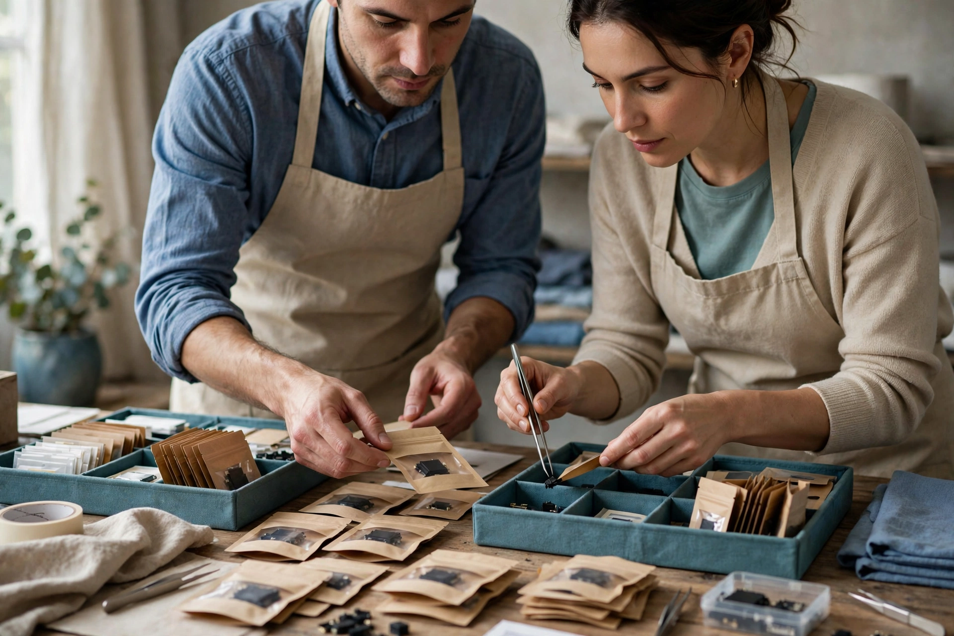 Two colleagues, a man and a woman, are focused on preparing small customer project samples together in a studio.