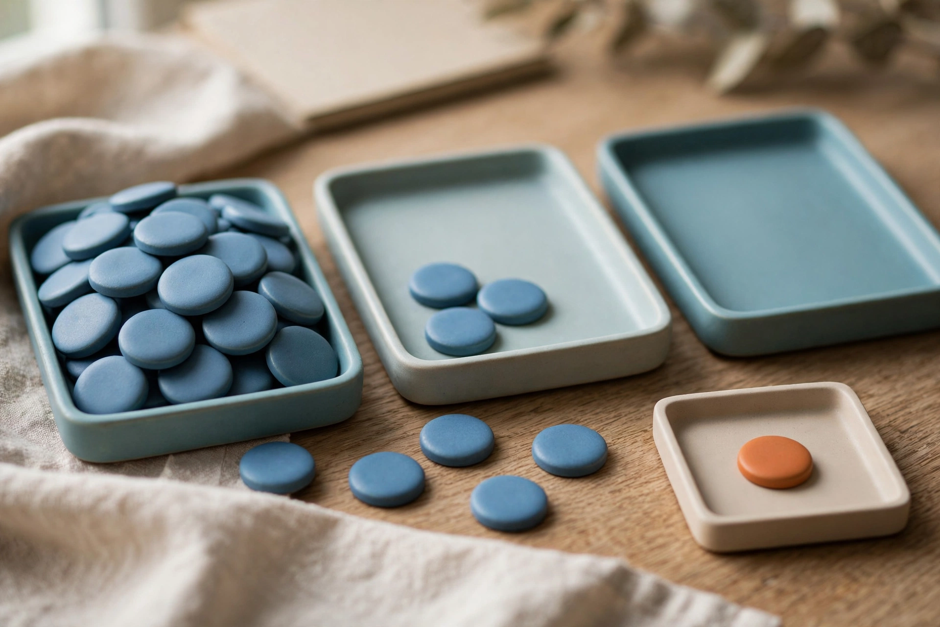 Three shallow trays hold blue tokens, with one tray containing an orange token, arranged on a wooden surface.