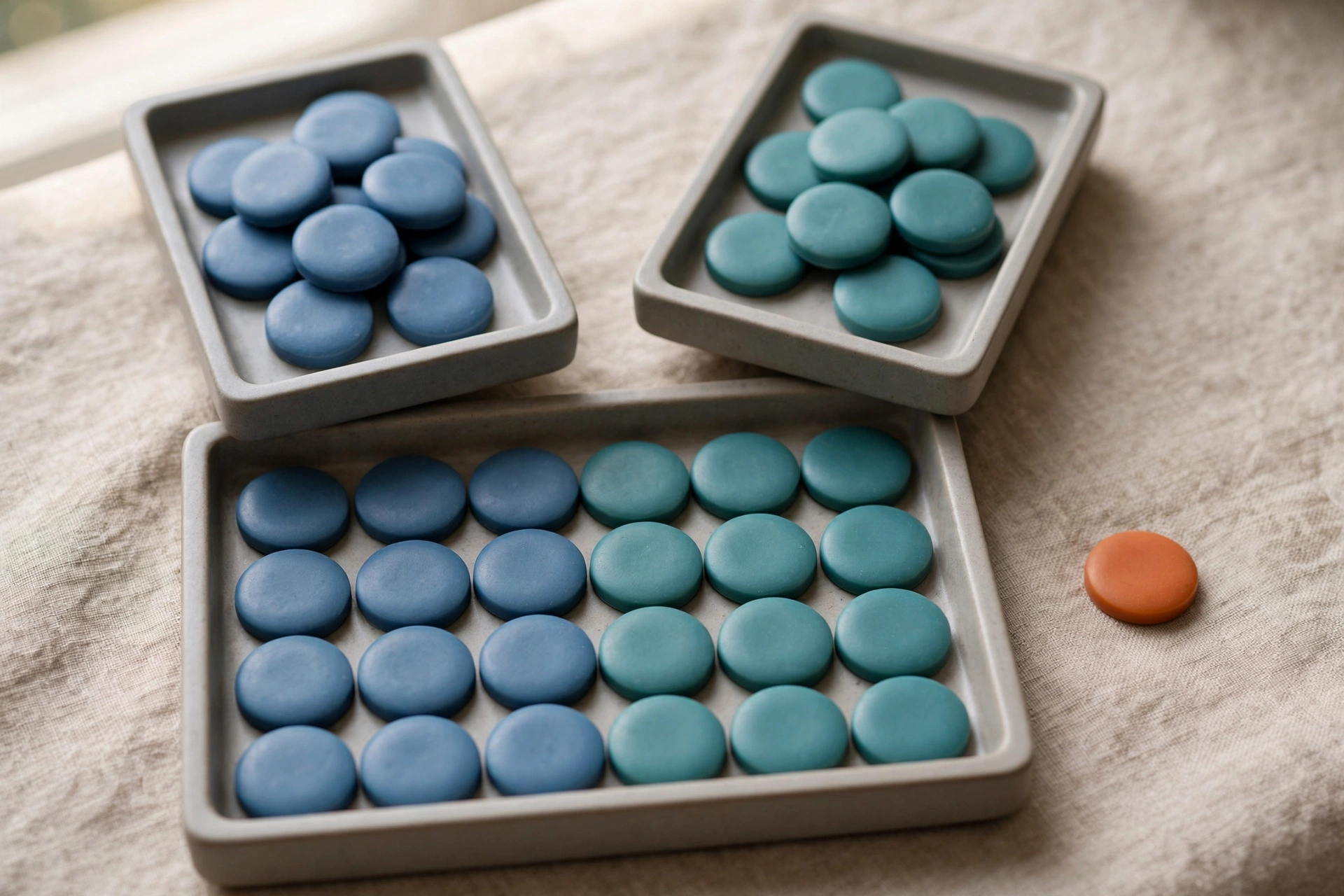 Two trays of blue and teal tokens converge into a single larger tray, with one orange token isolated to the side.