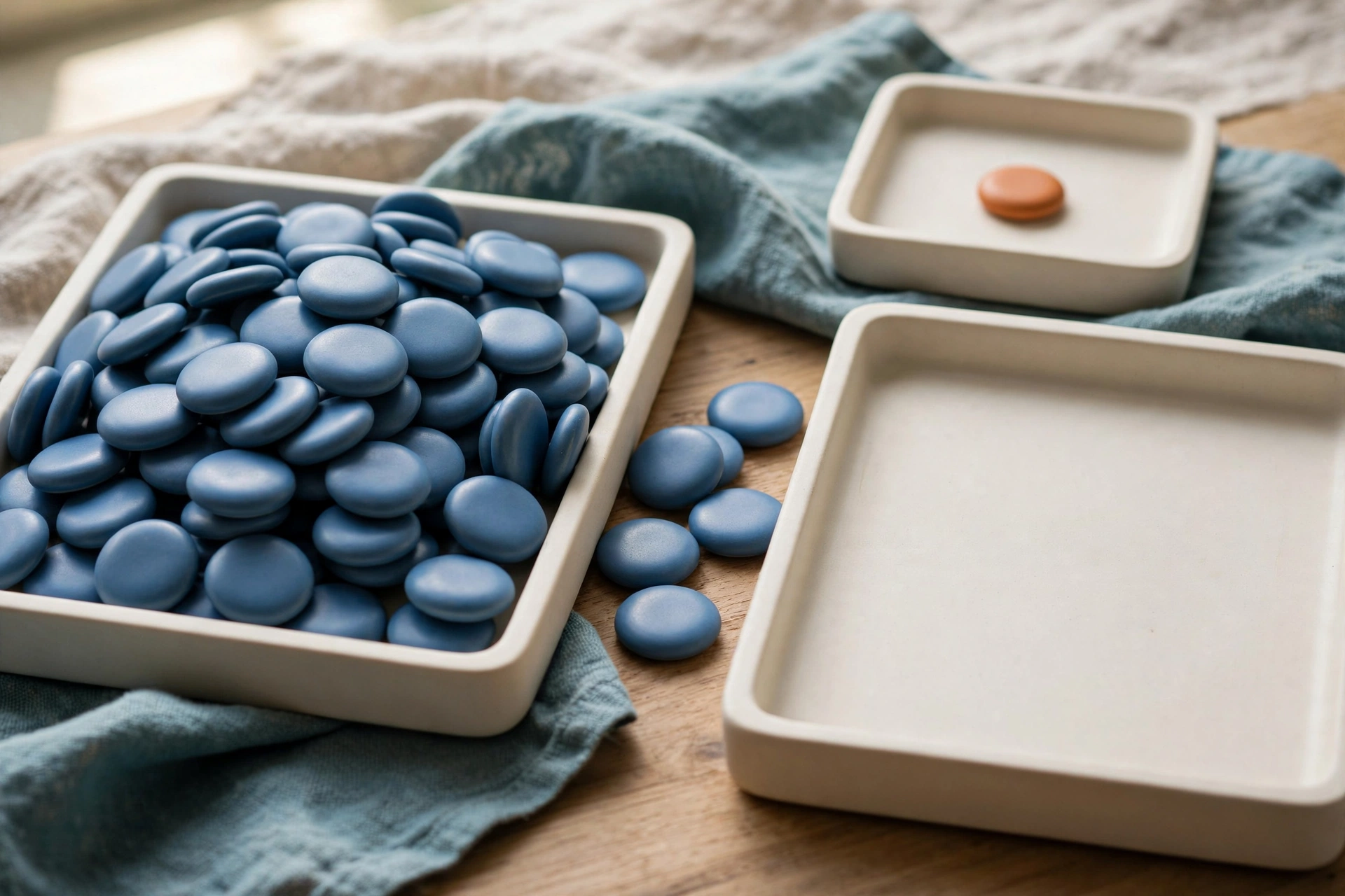 Three shallow trays with blue tokens and one tray with an orange token are arranged on a wooden surface with fabric.