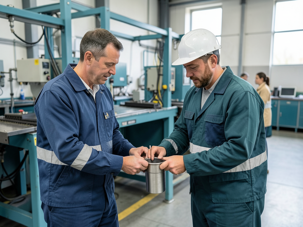 Two men in a factory work cell inspect a metal component, with one wearing a hard hat.