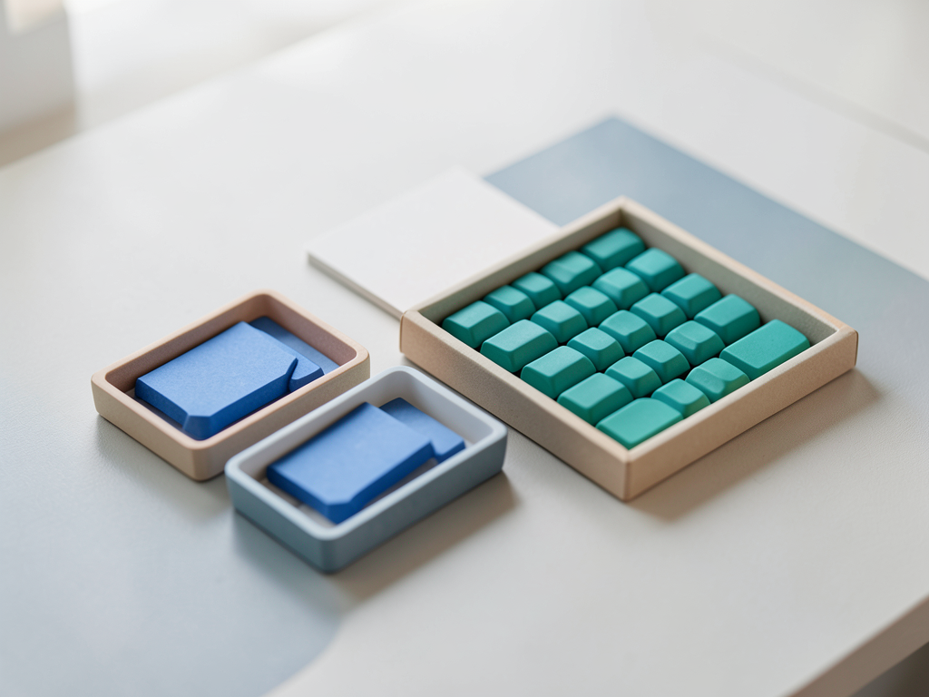 Two small trays of blue and teal tokens are shown next to a larger tray containing a neat sequence of both colors, representing data consolidation.