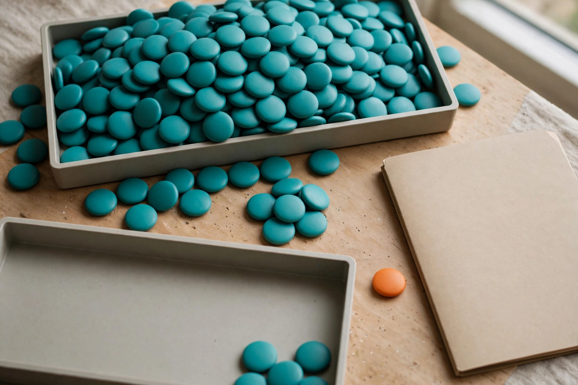 Teal tokens are in two trays, with some scattered on a wooden surface next to an orange token and a closed folder.
