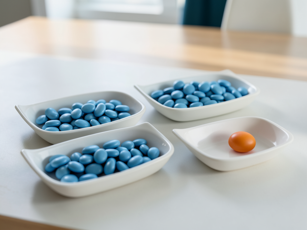 Four shallow white trays with blue tokens and one orange token on a white table, representing sales stages and a stalled opportunity.
