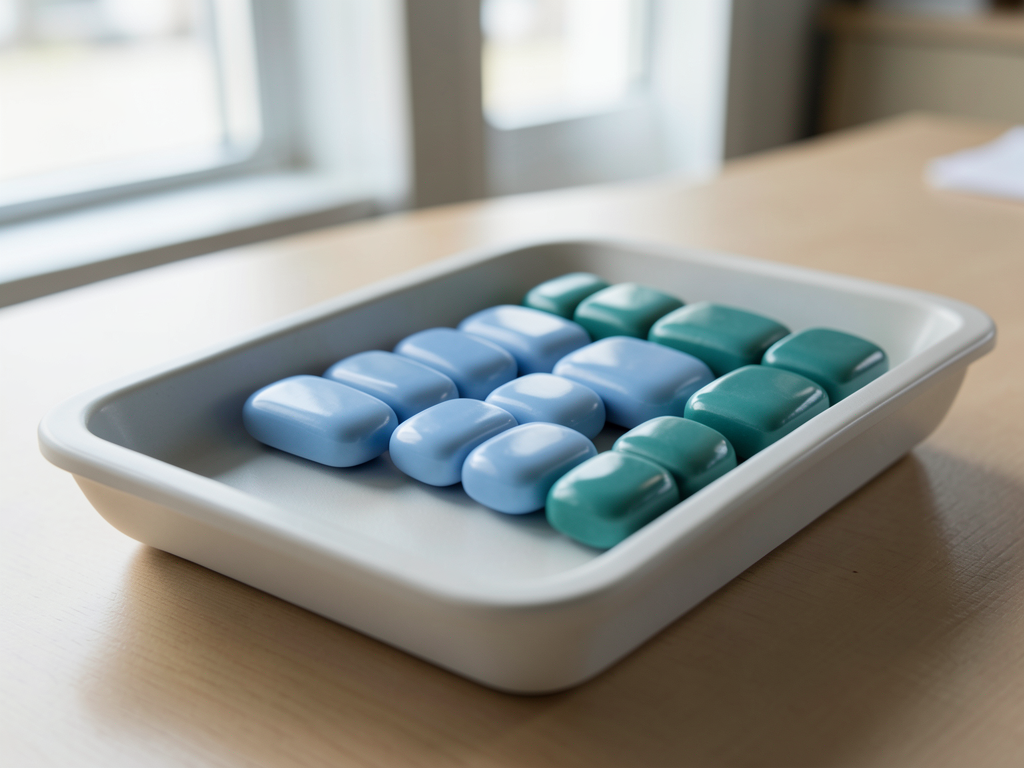 Two groups of smooth blue and teal ceramic tokens are arranged in a white tray on a wooden surface, representing data consolidation.