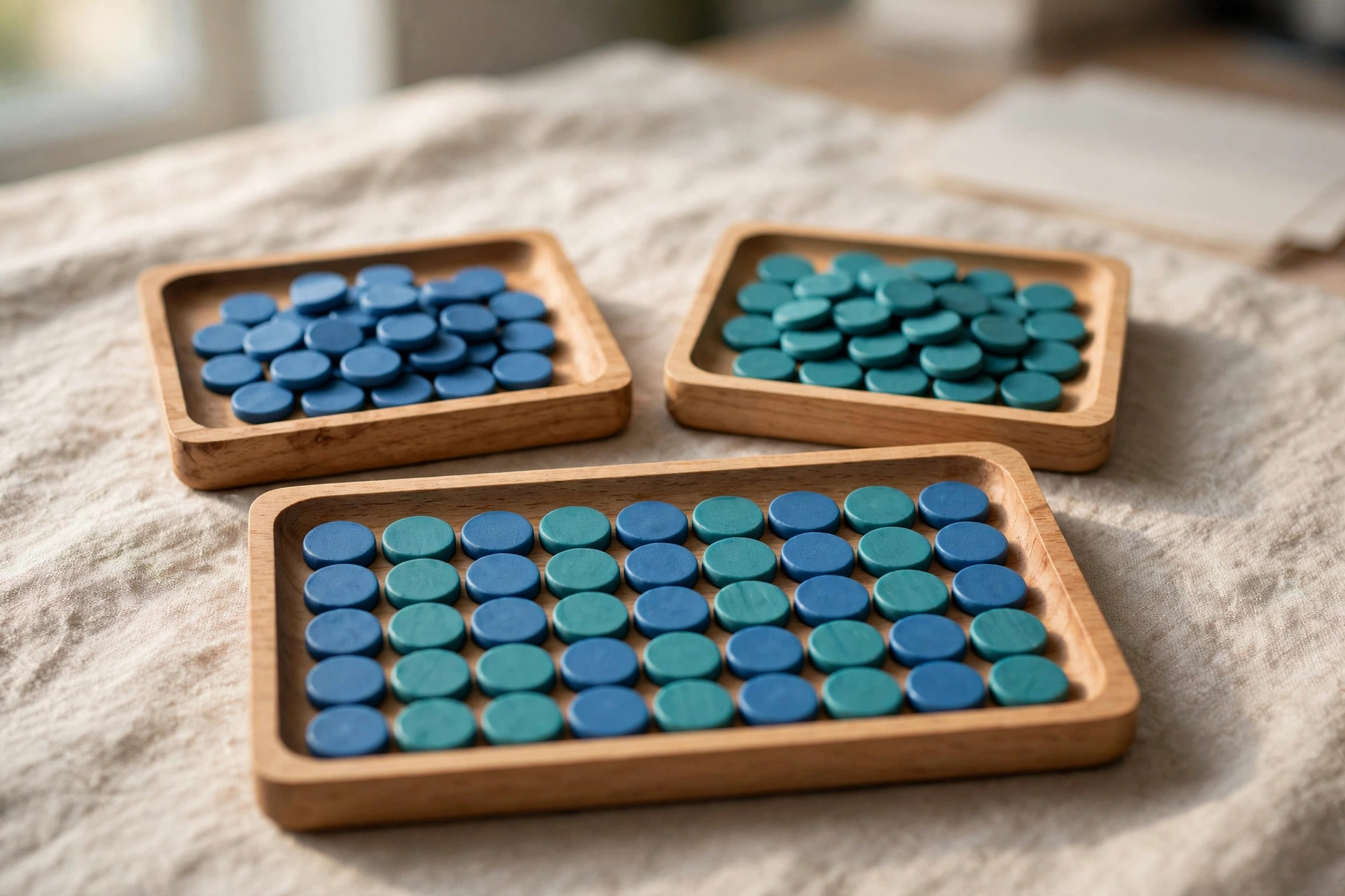 Three wooden trays with blue and teal tokens are arranged to show two separate groups converging into one organized sequence.