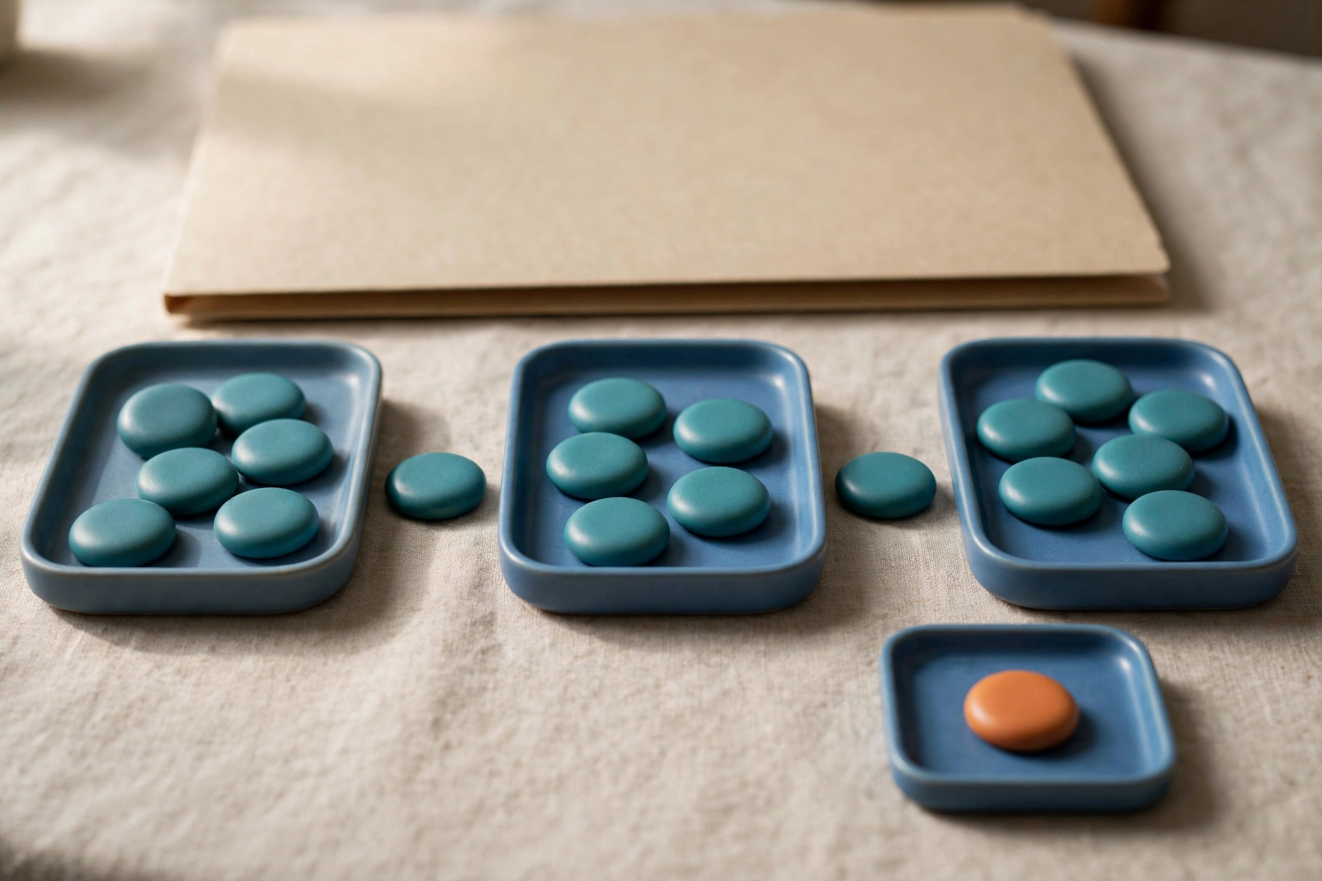 Three blue trays with teal tokens are arranged left to right, with a single orange token in a separate tray below.