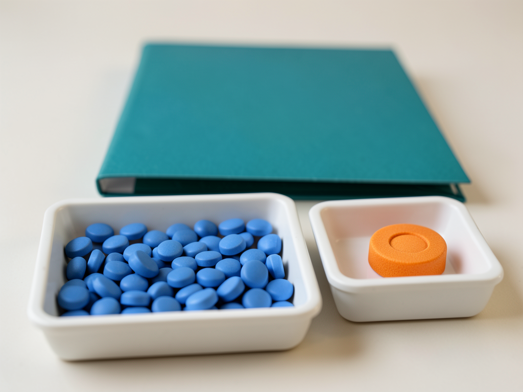 A teal folder sits behind two white trays on a white surface, one tray filled with blue tokens and the other with a single orange token.