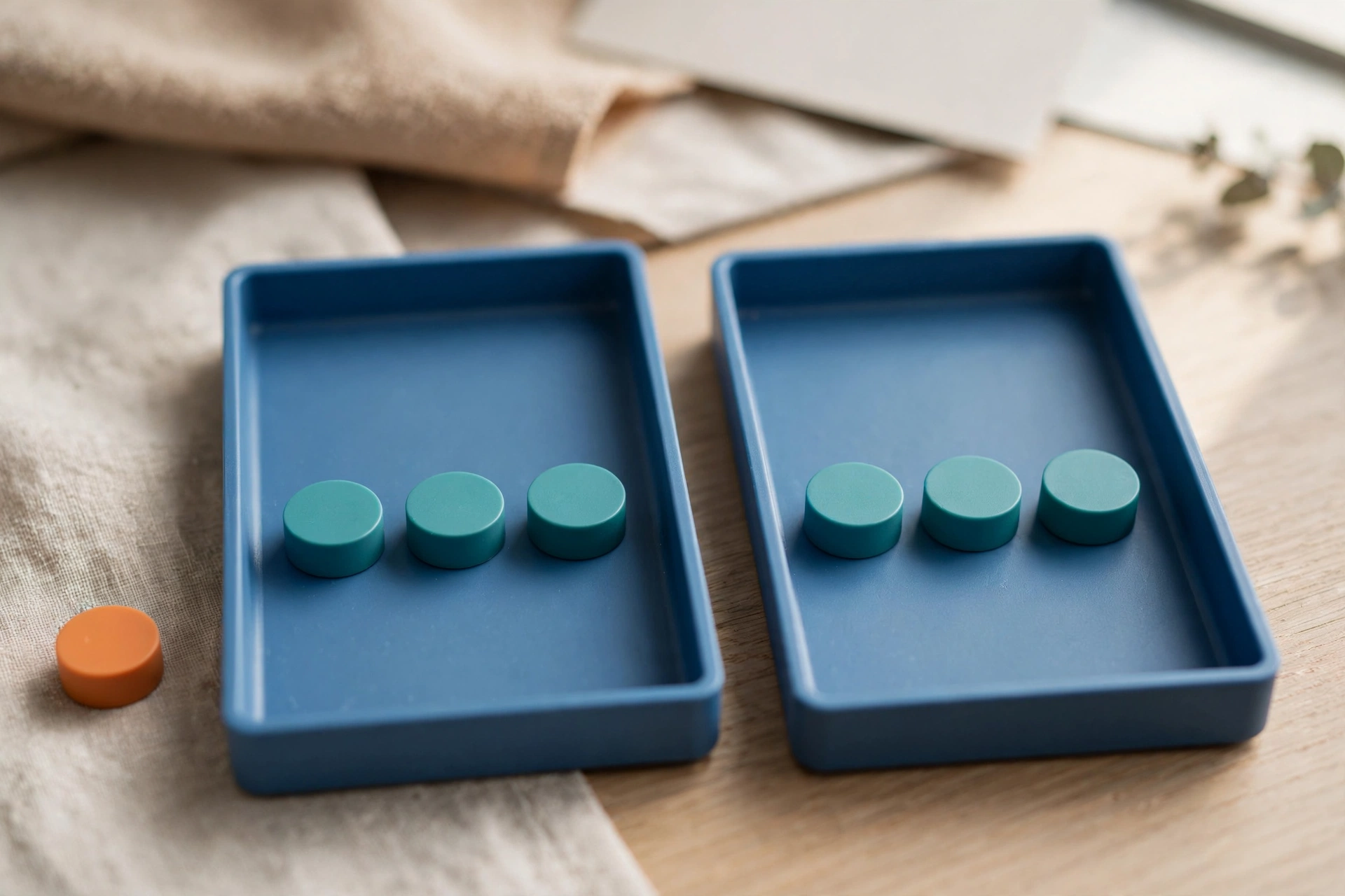 Two blue sorting trays hold teal tokens, with an orange token placed outside one tray on a desk.