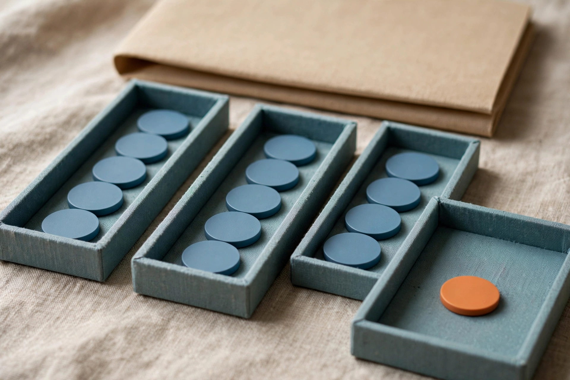 Three shallow office trays with blue tokens progress to a fourth tray holding a single orange token, with a closed folder behind.