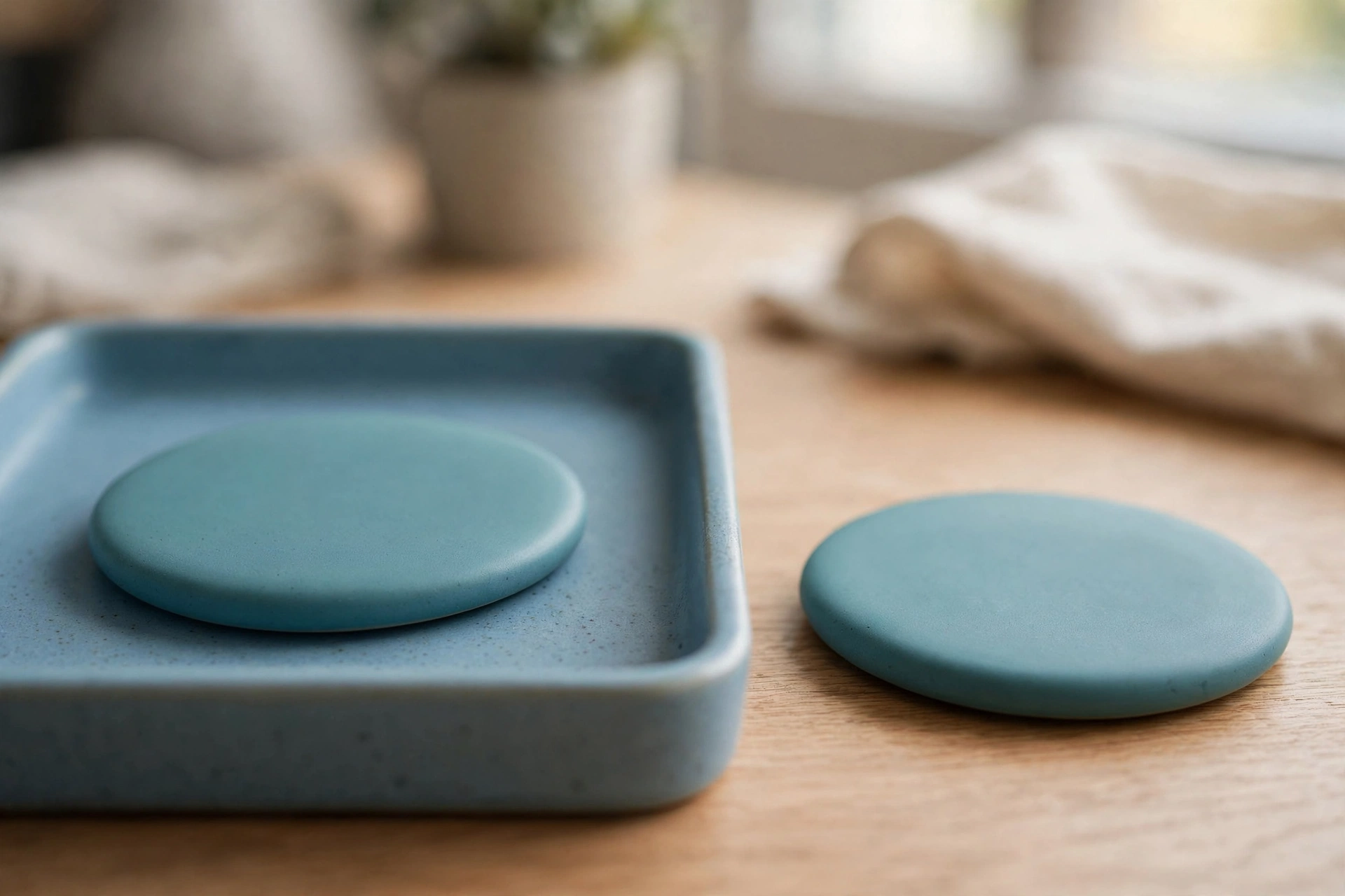 Two identical teal discs are shown, one resting in a blue tray and the other placed separately on a wooden desk.