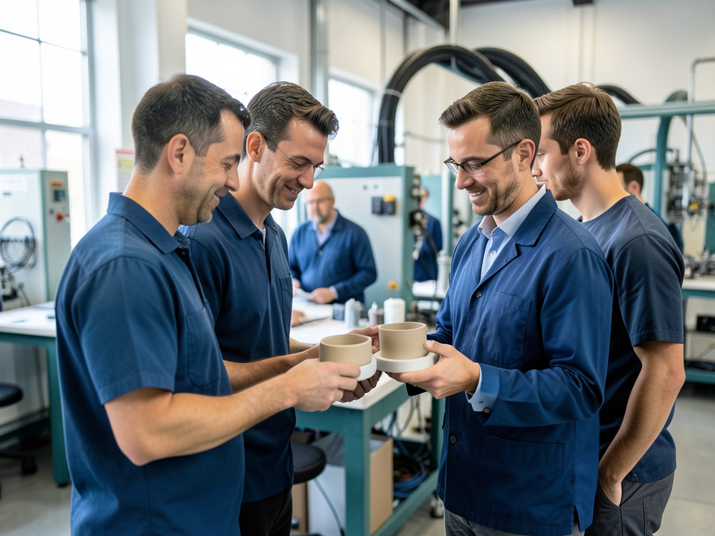 Four men in a manufacturing facility compare two sample parts at a clean assembly station with machinery in the background.