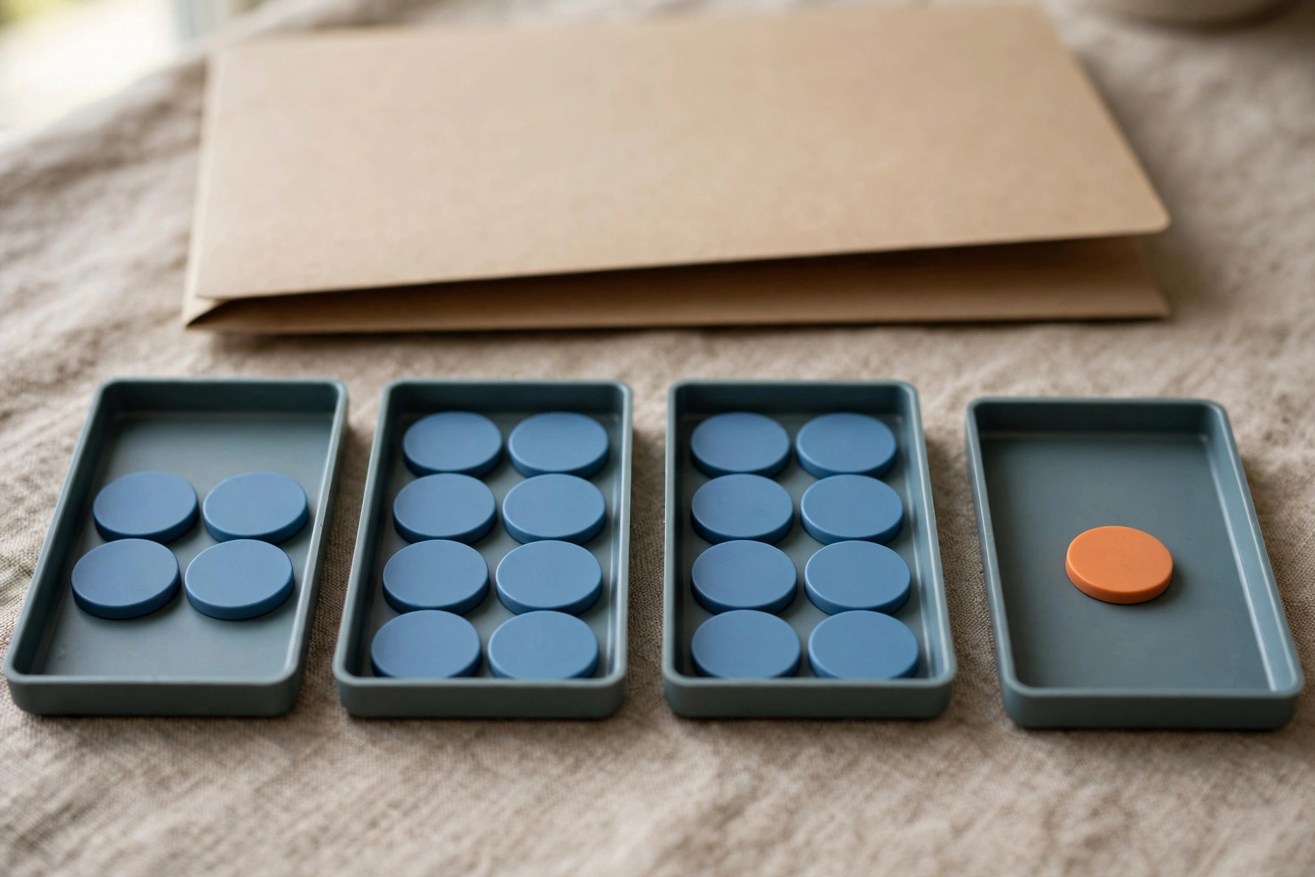 Four shallow office trays with blue tokens progress from left to right, with one orange token isolated in the rightmost tray.