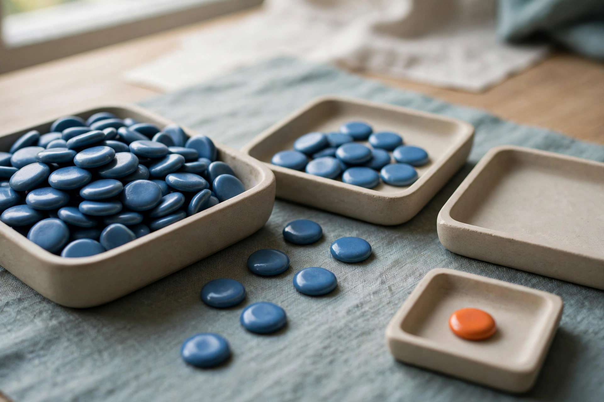 Three shallow trays hold blue ceramic tokens, with one tray empty and another holding a single orange token.