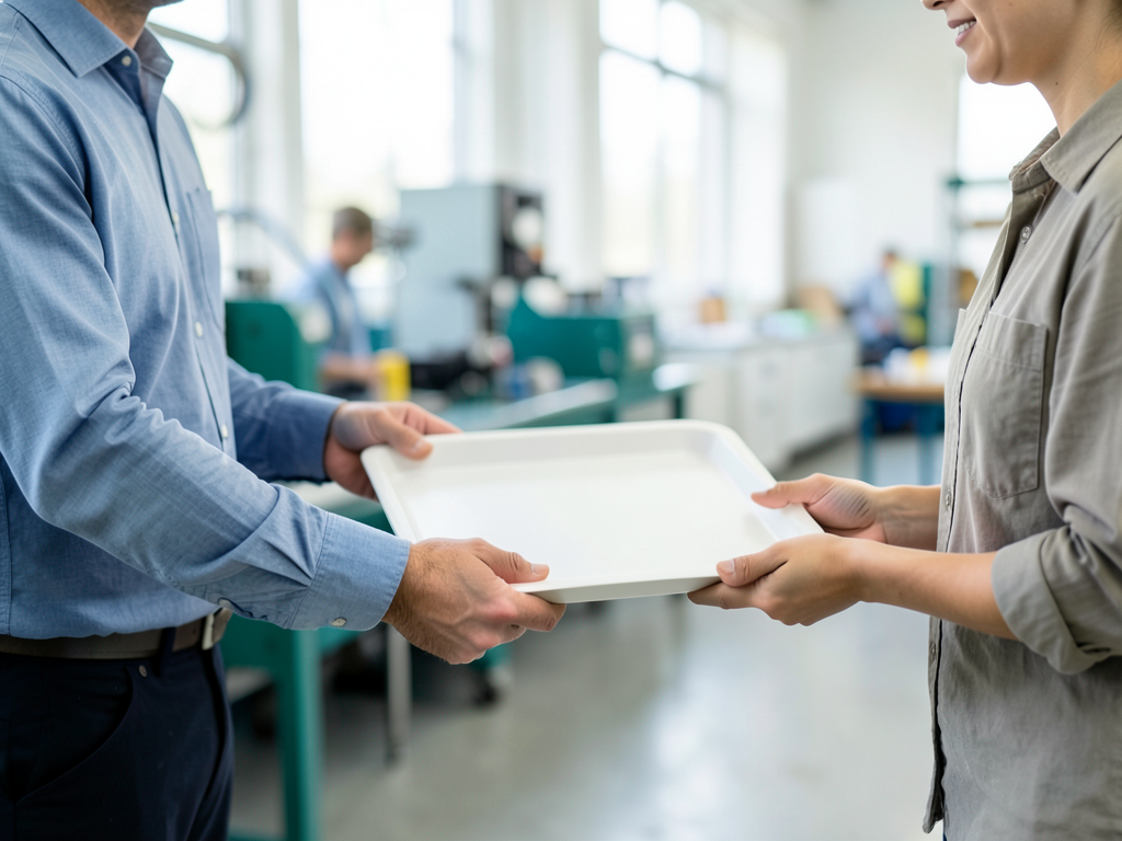 A man in a blue shirt hands a white tray to a woman in a grey shirt in a bright manufacturing workshop.