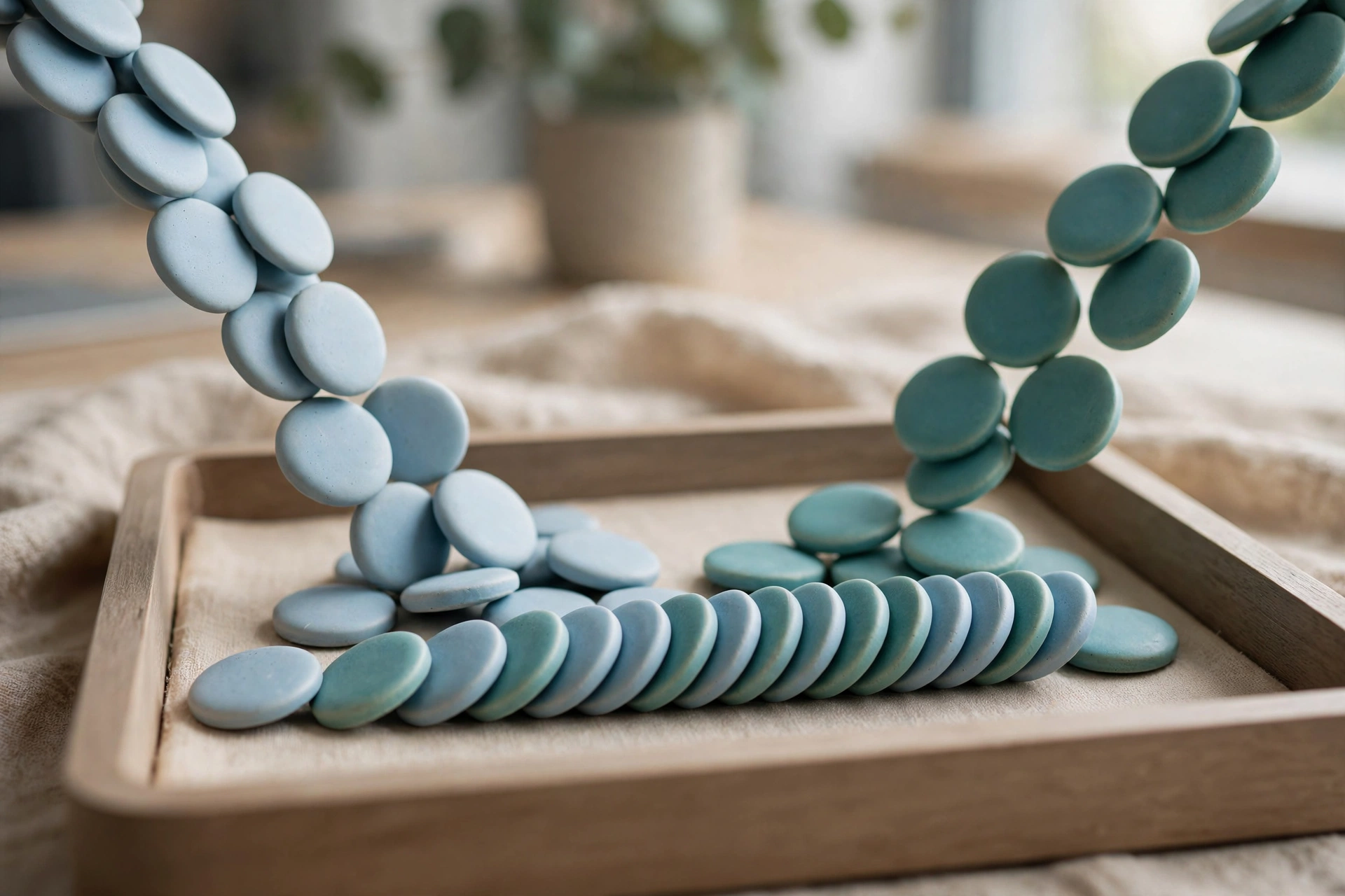Two streams of smooth blue and teal ceramic tokens converge into one neat ordered row inside a shallow sorting tray.