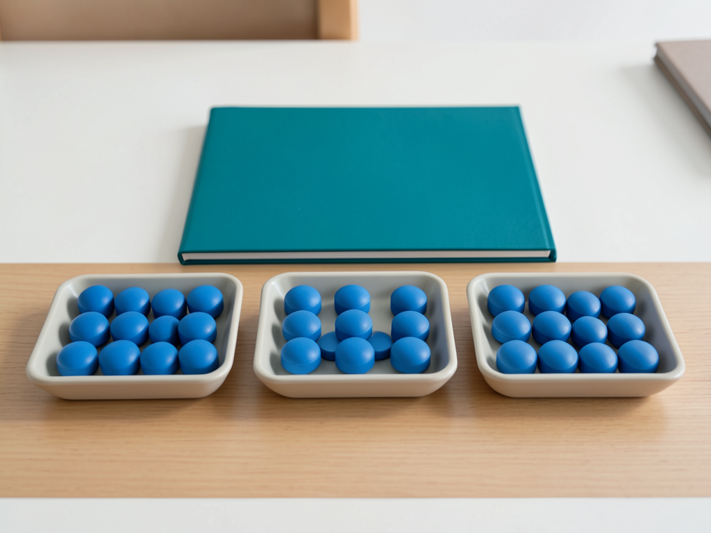 Three shallow trays of blue tokens are arranged left to right, with a teal folder behind them on a desk.