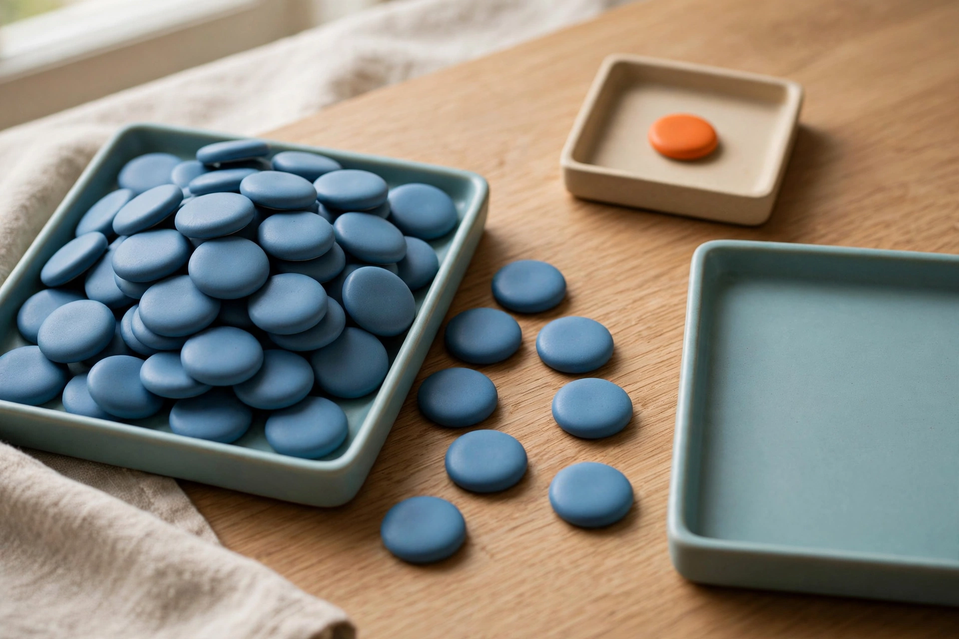 Three shallow trays hold blue tokens, with one tray containing an orange token, arranged on a wooden surface.