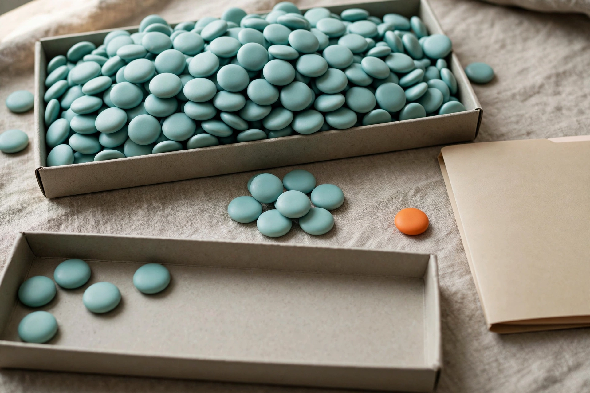 Teal tokens fill one tray, with a few tokens in another tray and a group between them, next to an orange token and a folder.