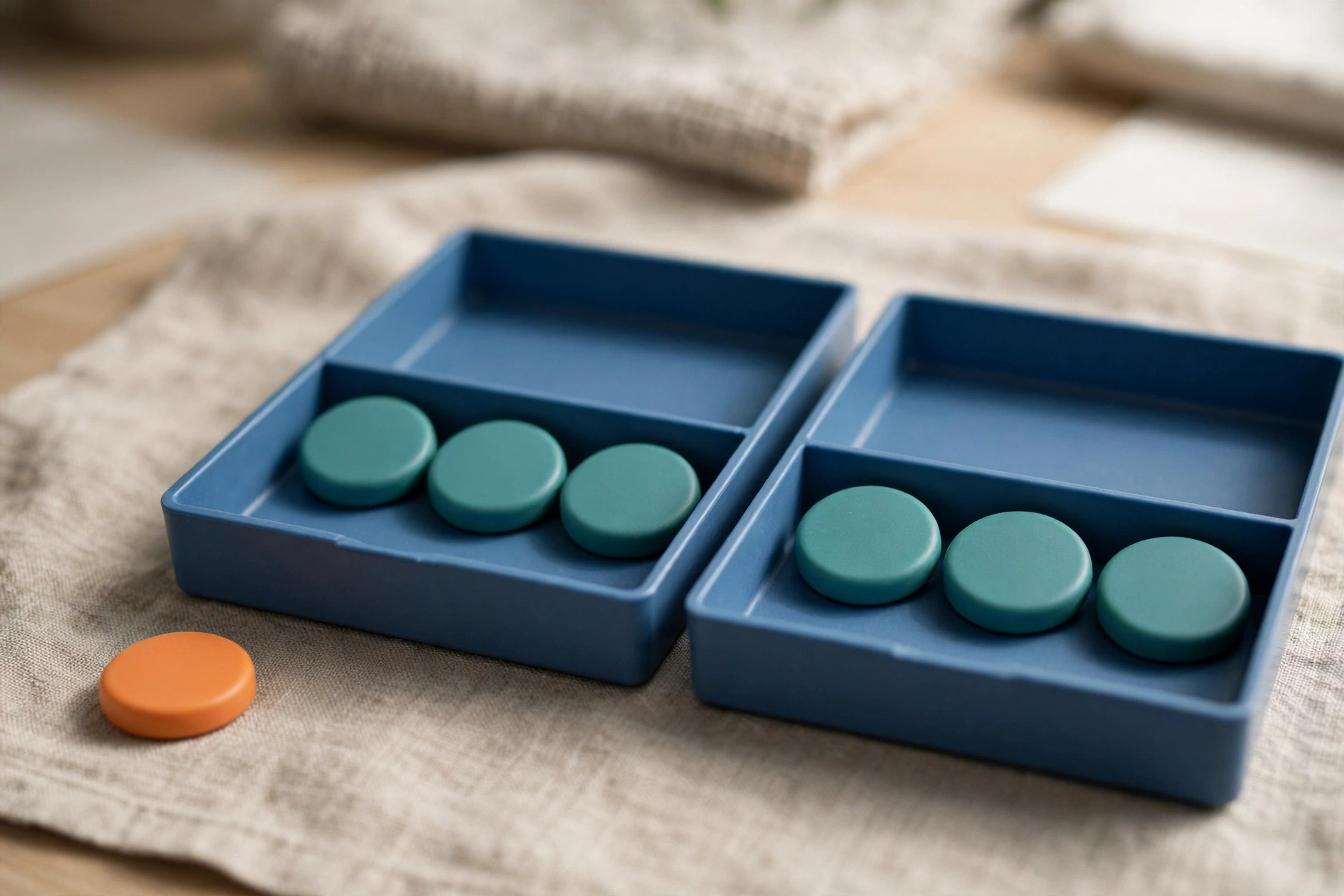 Two blue sorting trays hold teal tokens, with an orange token placed beside one tray on a neutral cloth.