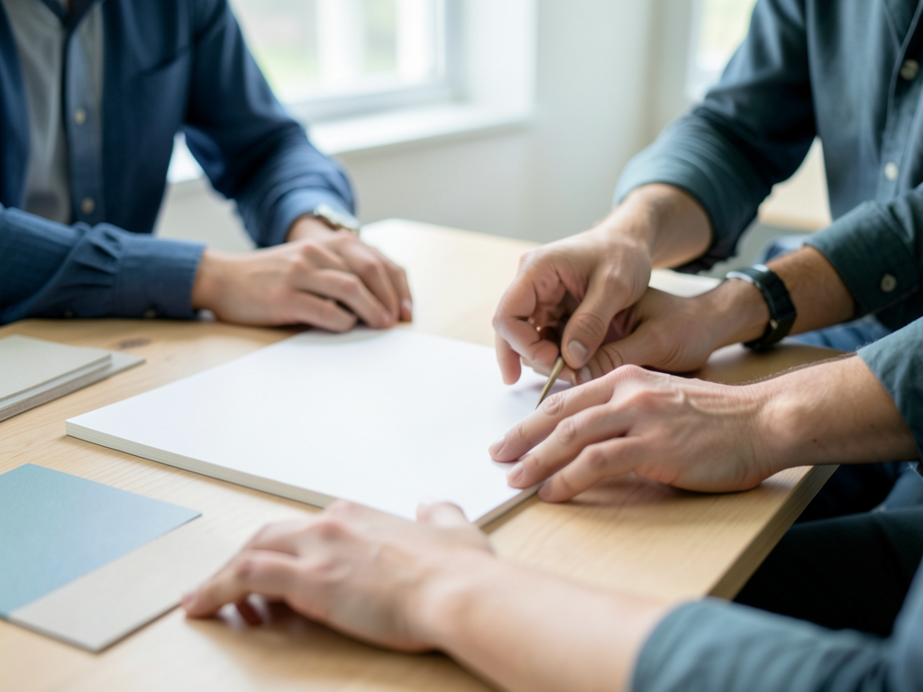 Three people sit at a table, with their hands visible as they examine and prepare blank material samples for a customer meeting.