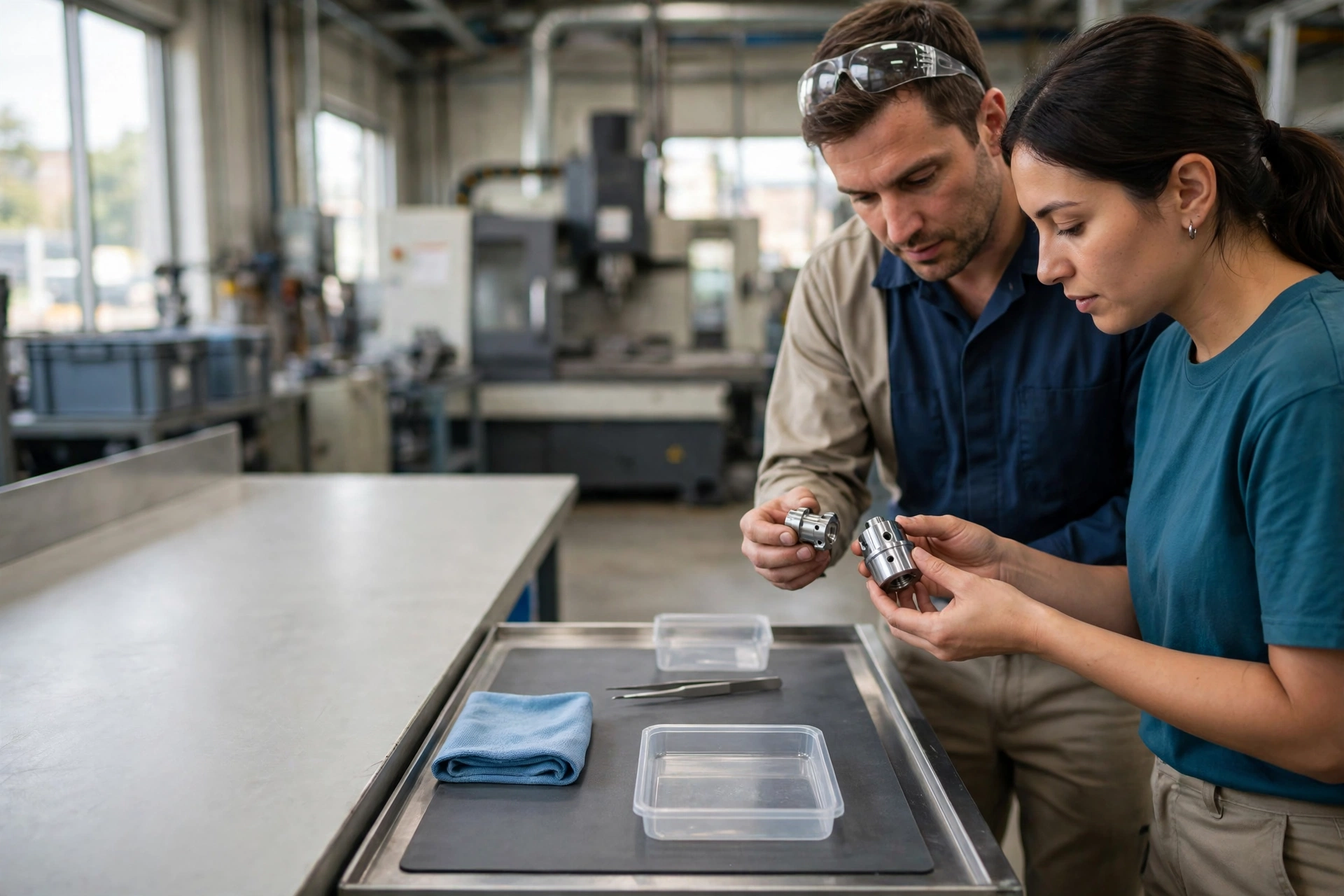 A man and a woman in a manufacturing setting compare two metal parts while standing at an assembly station.