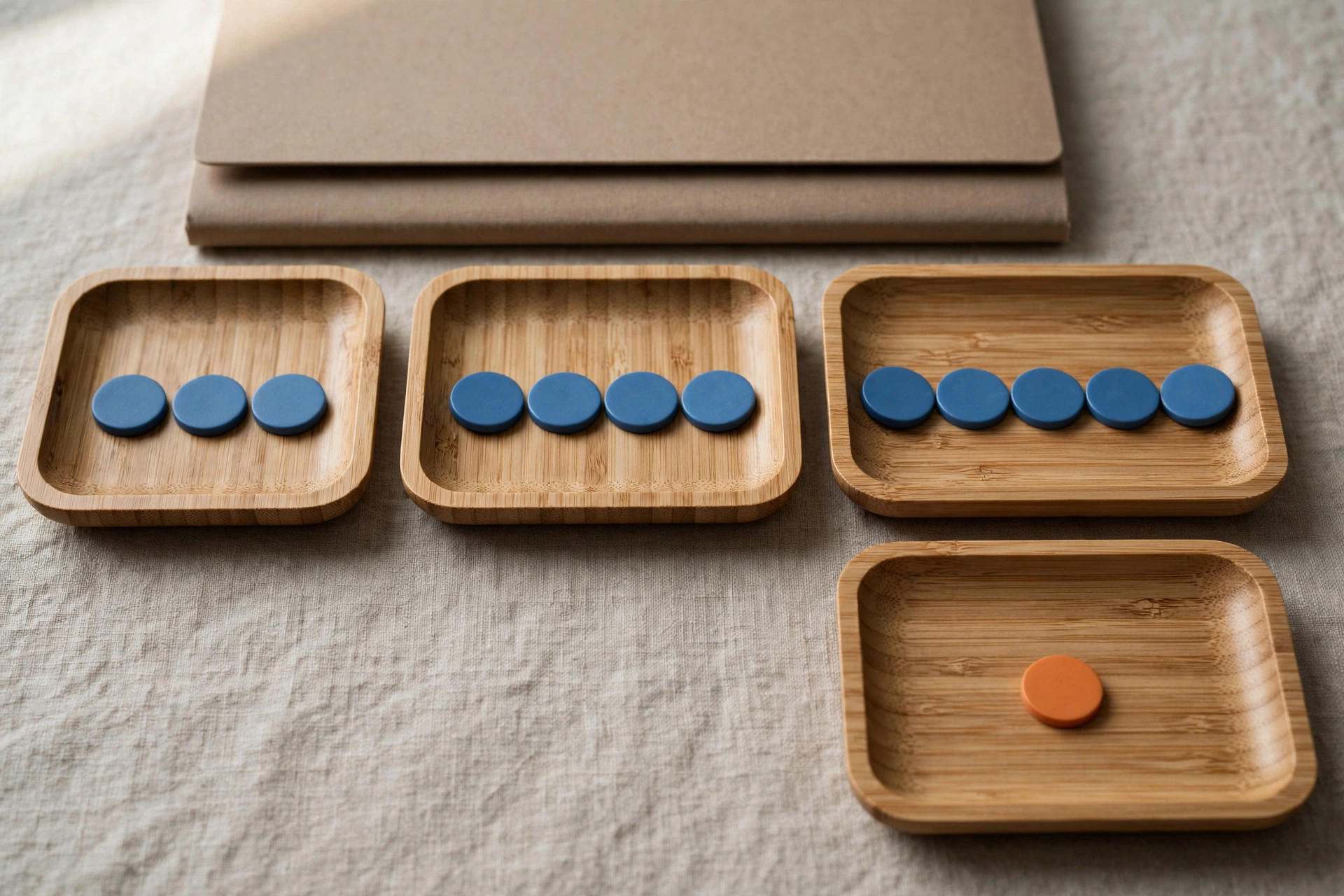Three bamboo trays with blue tokens progress from left to right, with a fourth tray holding a single orange token.